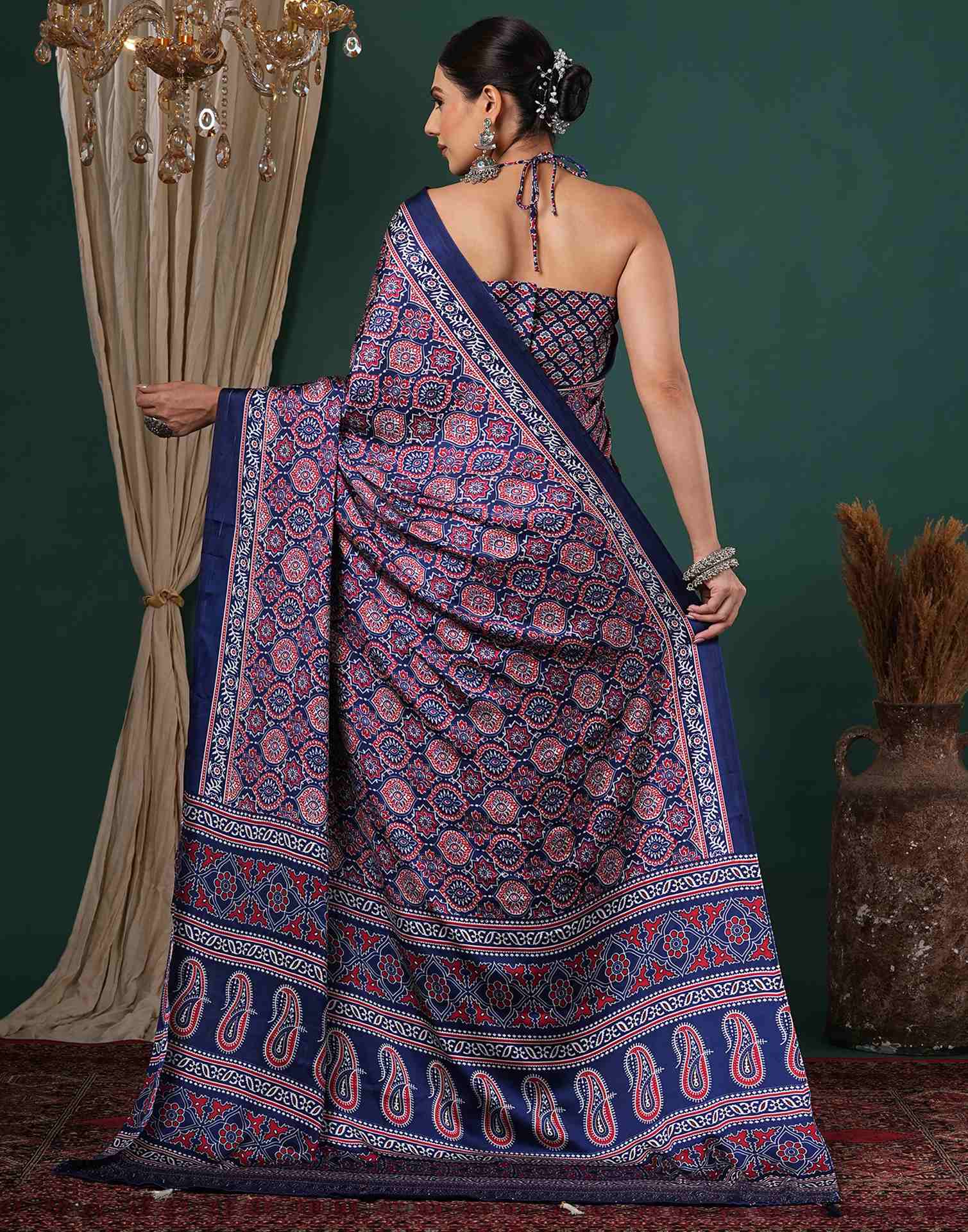 Navy Blue Satin Printed Saree