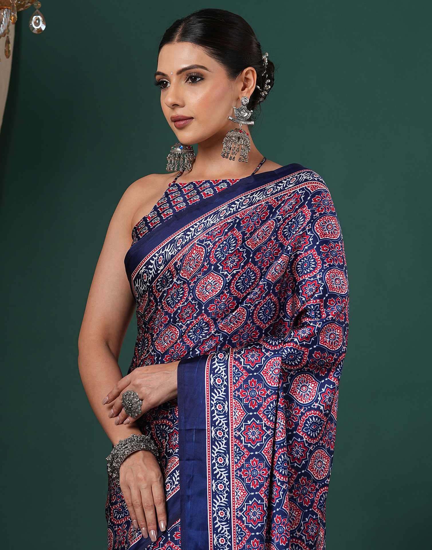 Navy Blue Satin Printed Saree