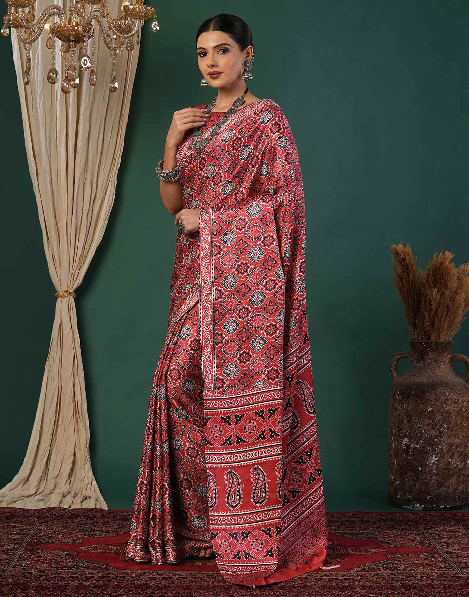 Red Satin Printed Saree
