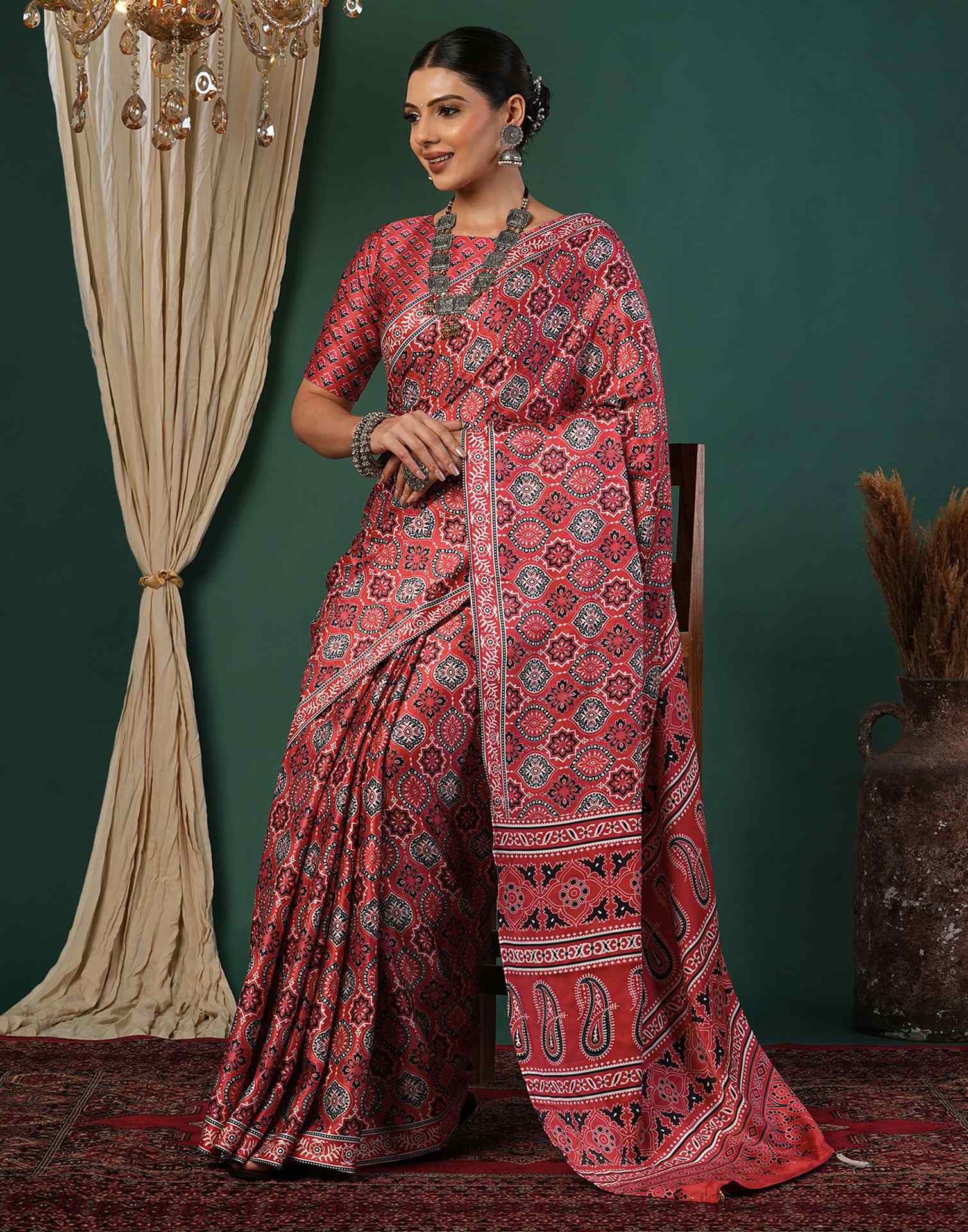 Red Satin Printed Saree