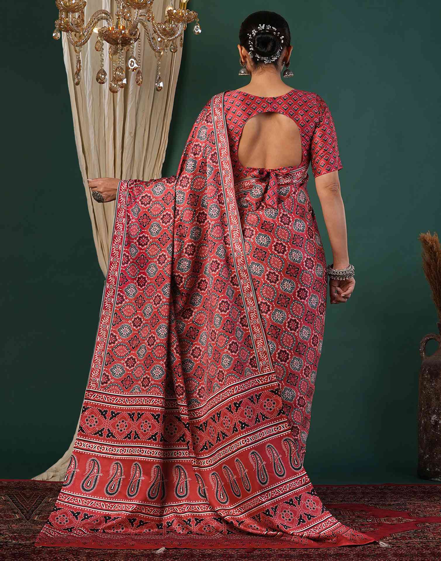 Red Satin Printed Saree