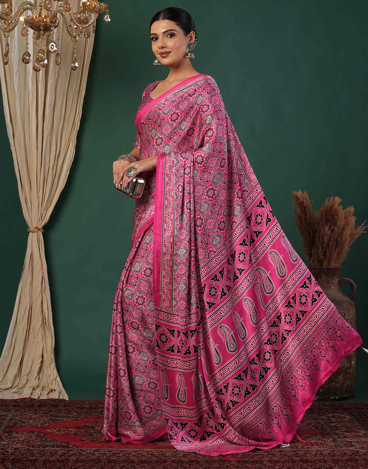 Pink Satin Printed Saree