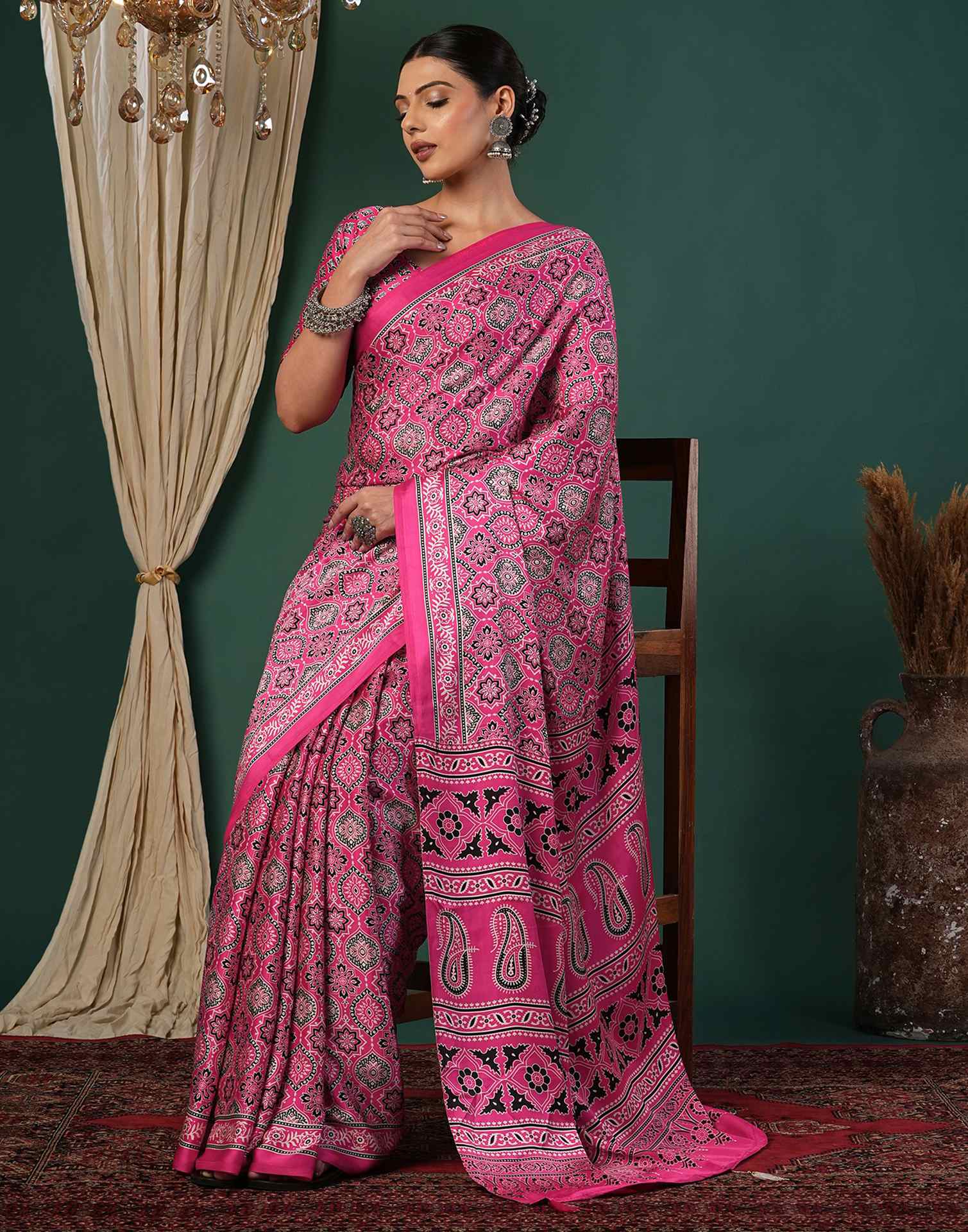 Pink Satin Printed Saree