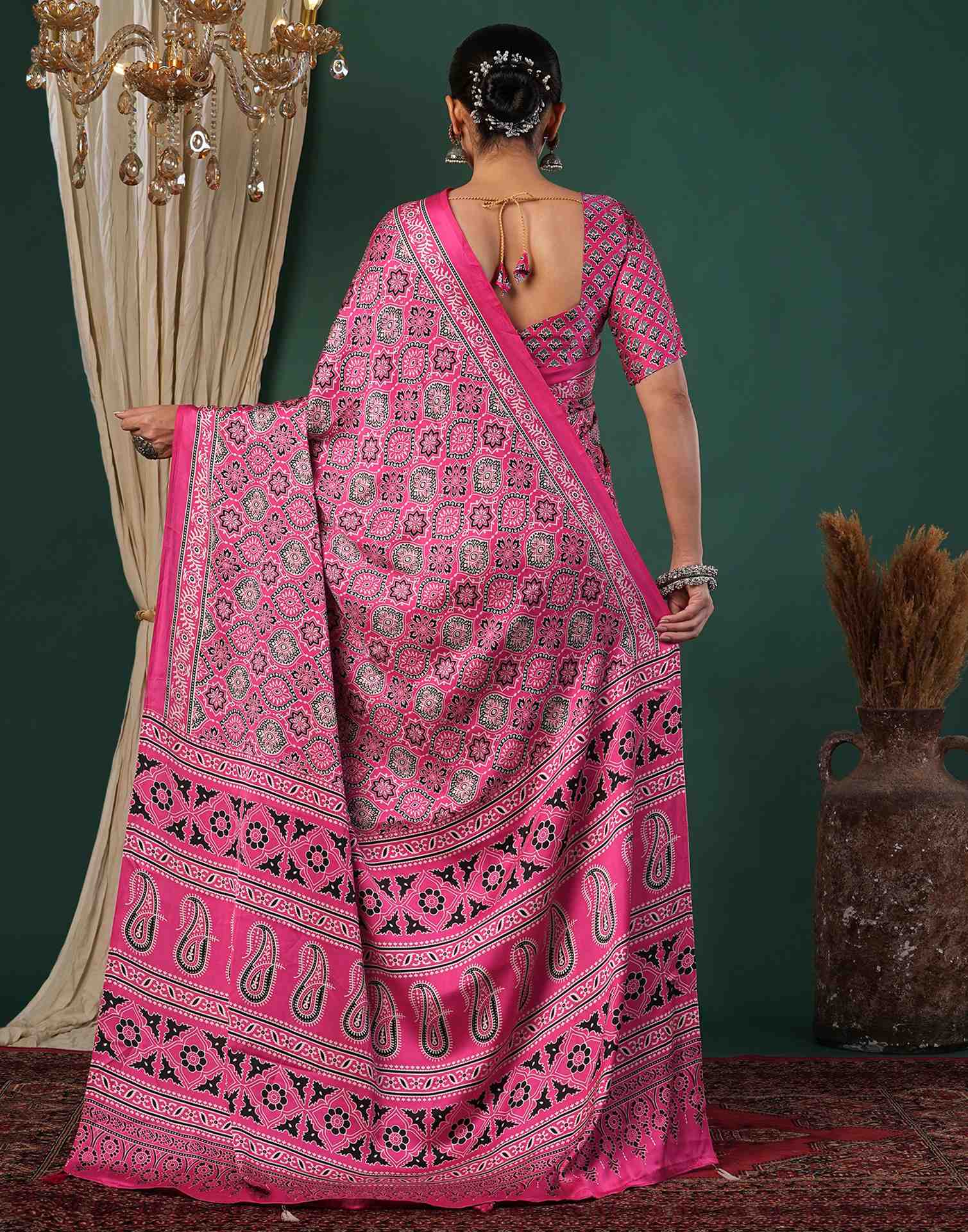 Pink Satin Printed Saree