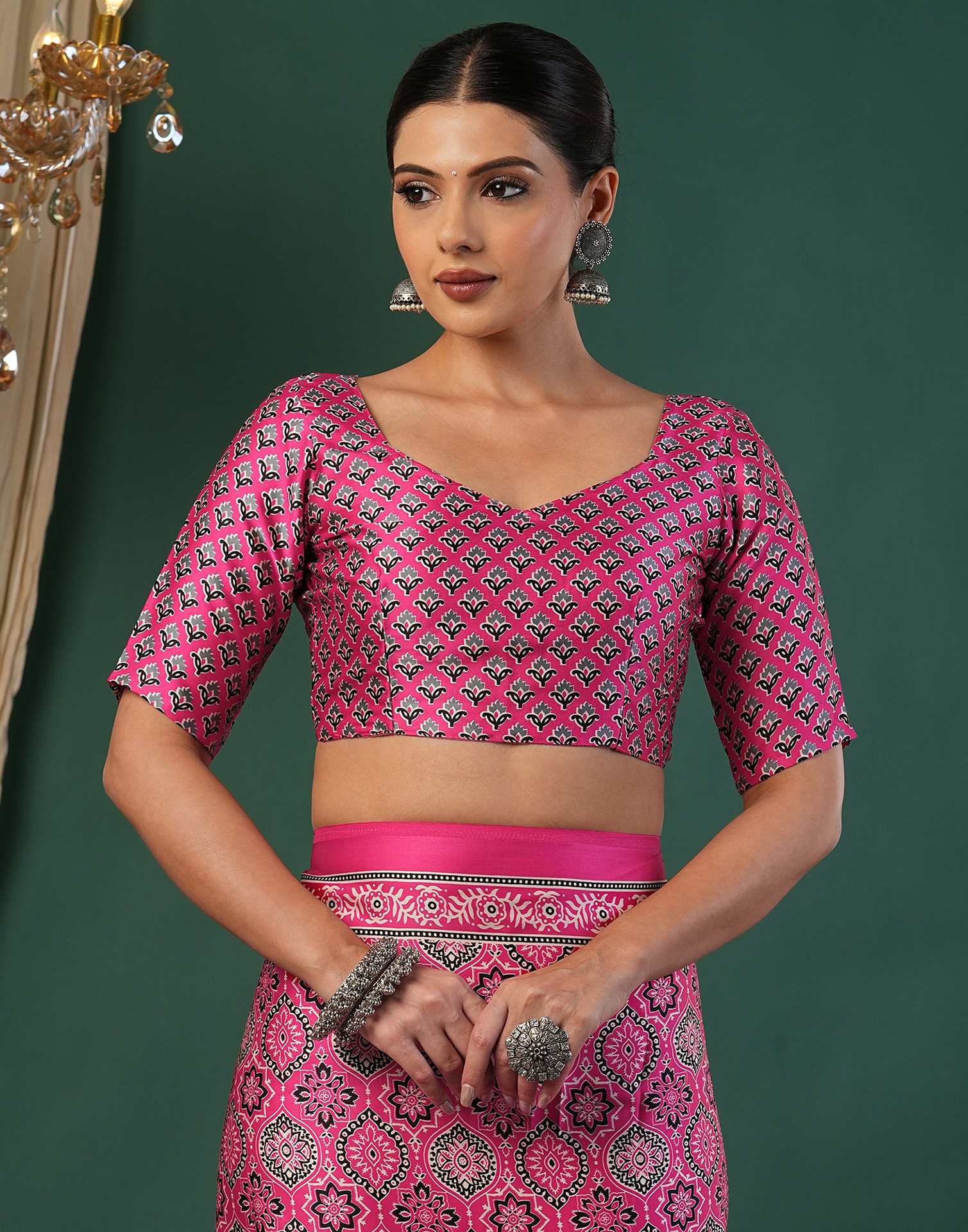 Pink Satin Printed Saree