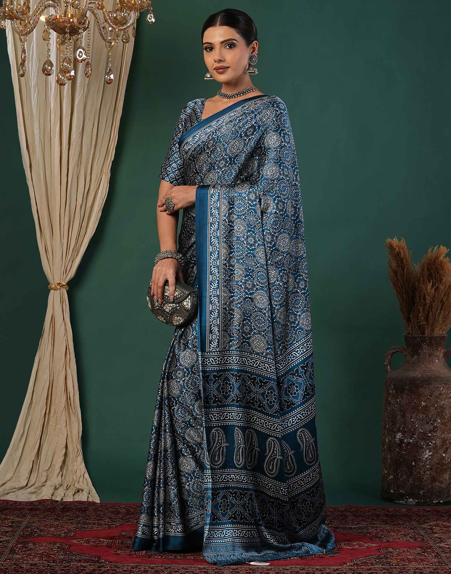 Rama Blue Satin Printed Saree