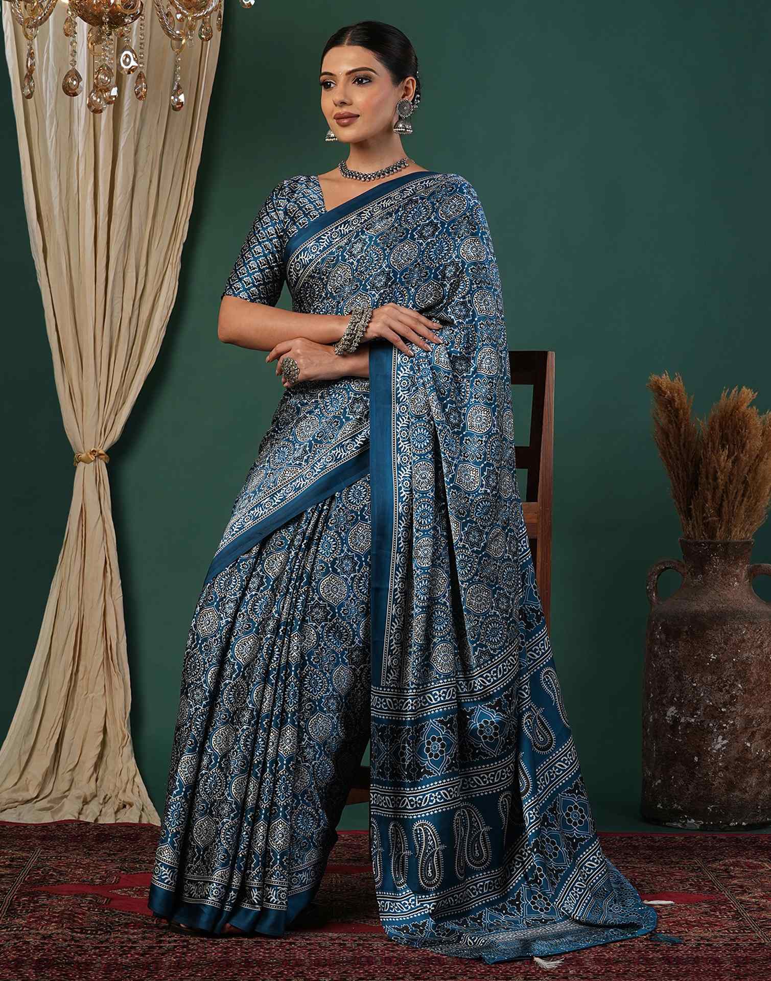 Rama Blue Satin Printed Saree