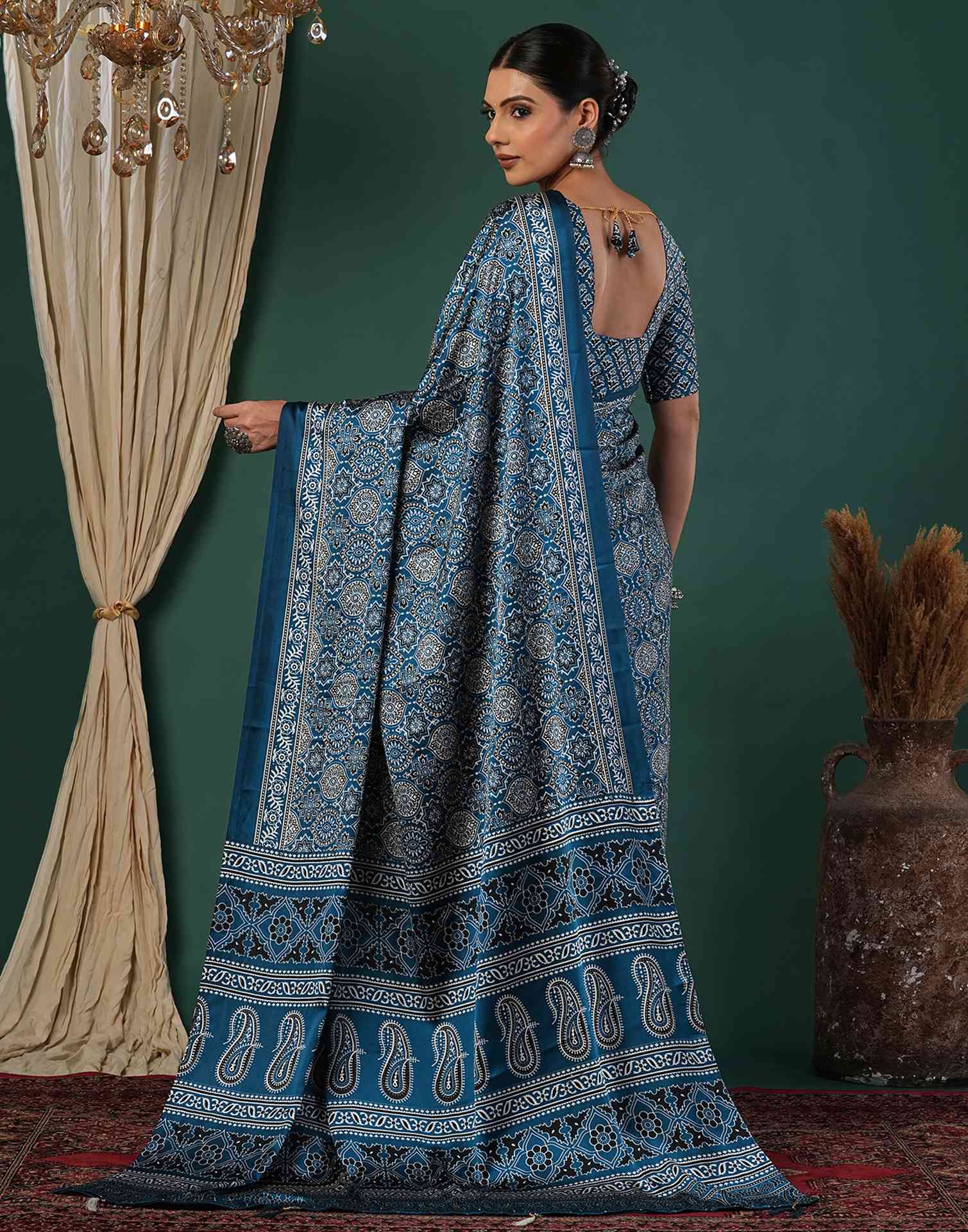 Rama Blue Satin Printed Saree
