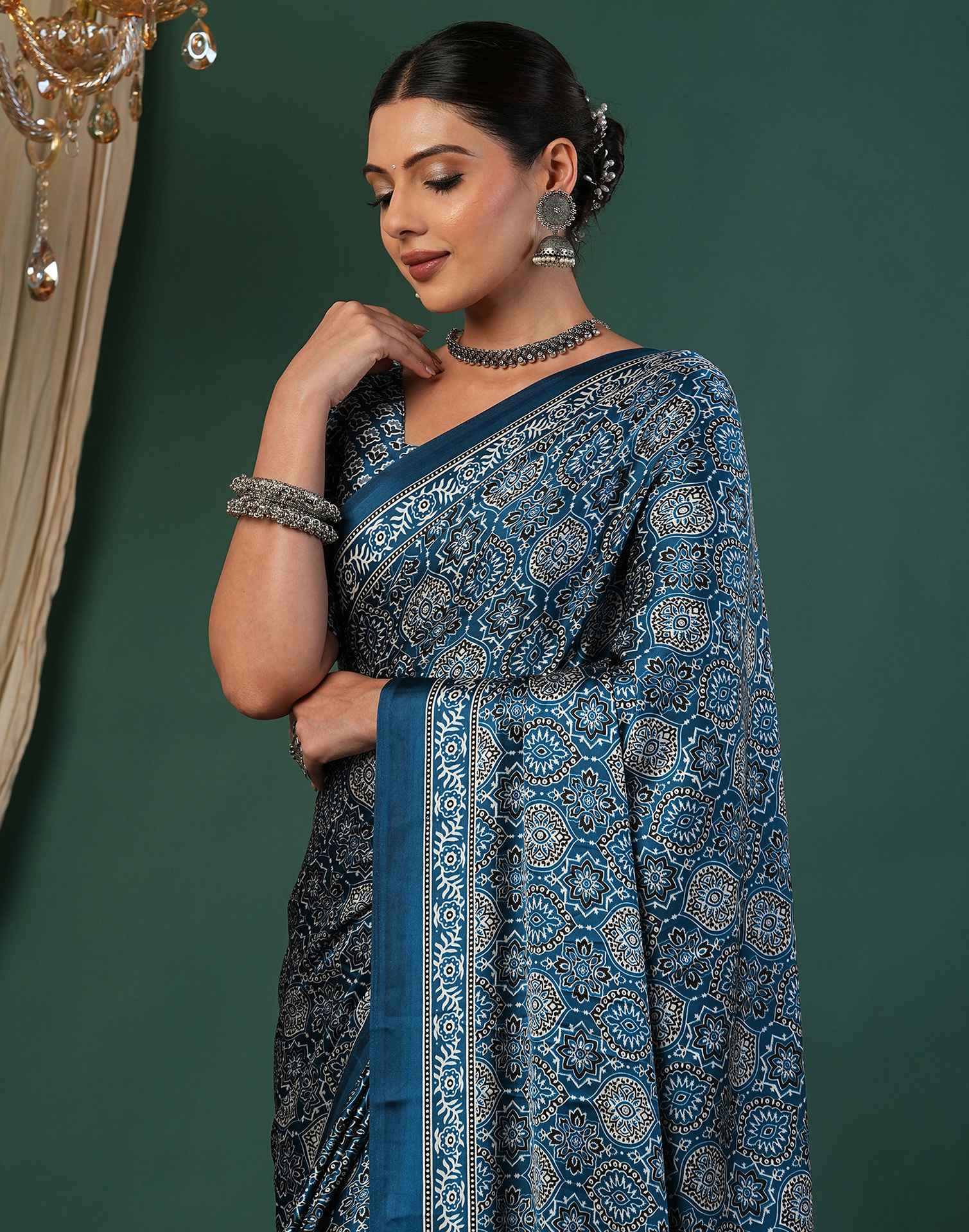 Rama Blue Satin Printed Saree