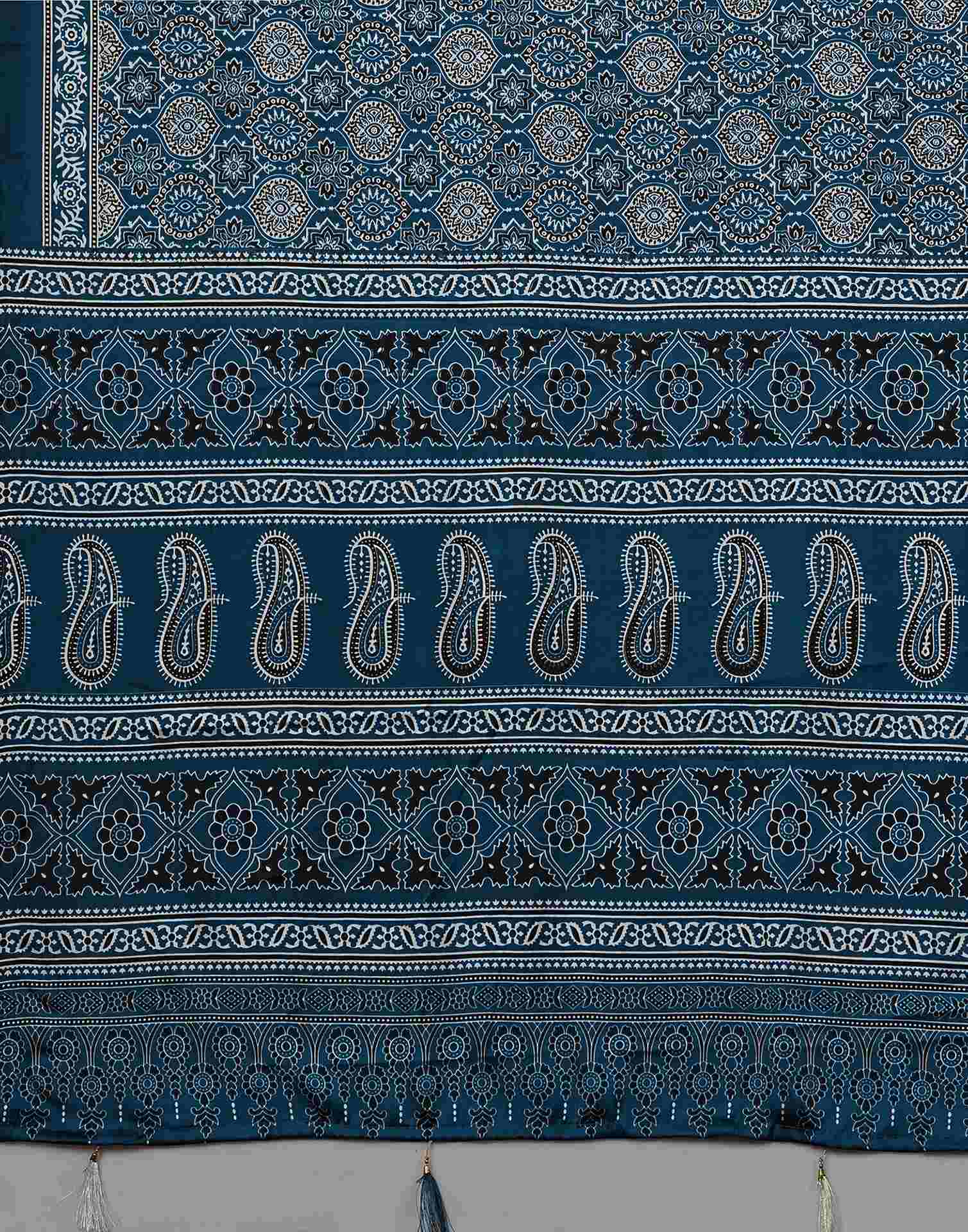 Rama Blue Satin Printed Saree