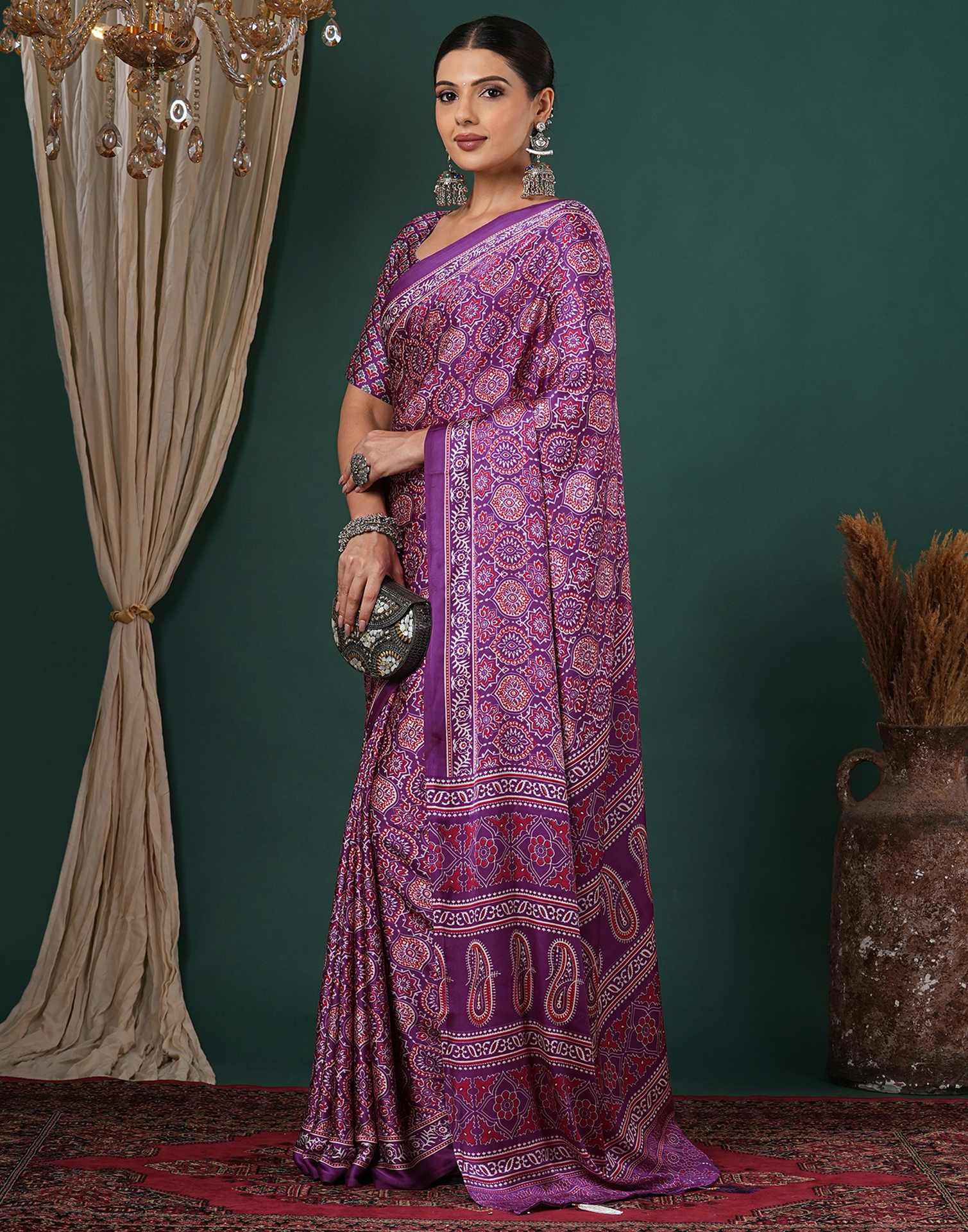 Dark Purple Satin Printed Saree