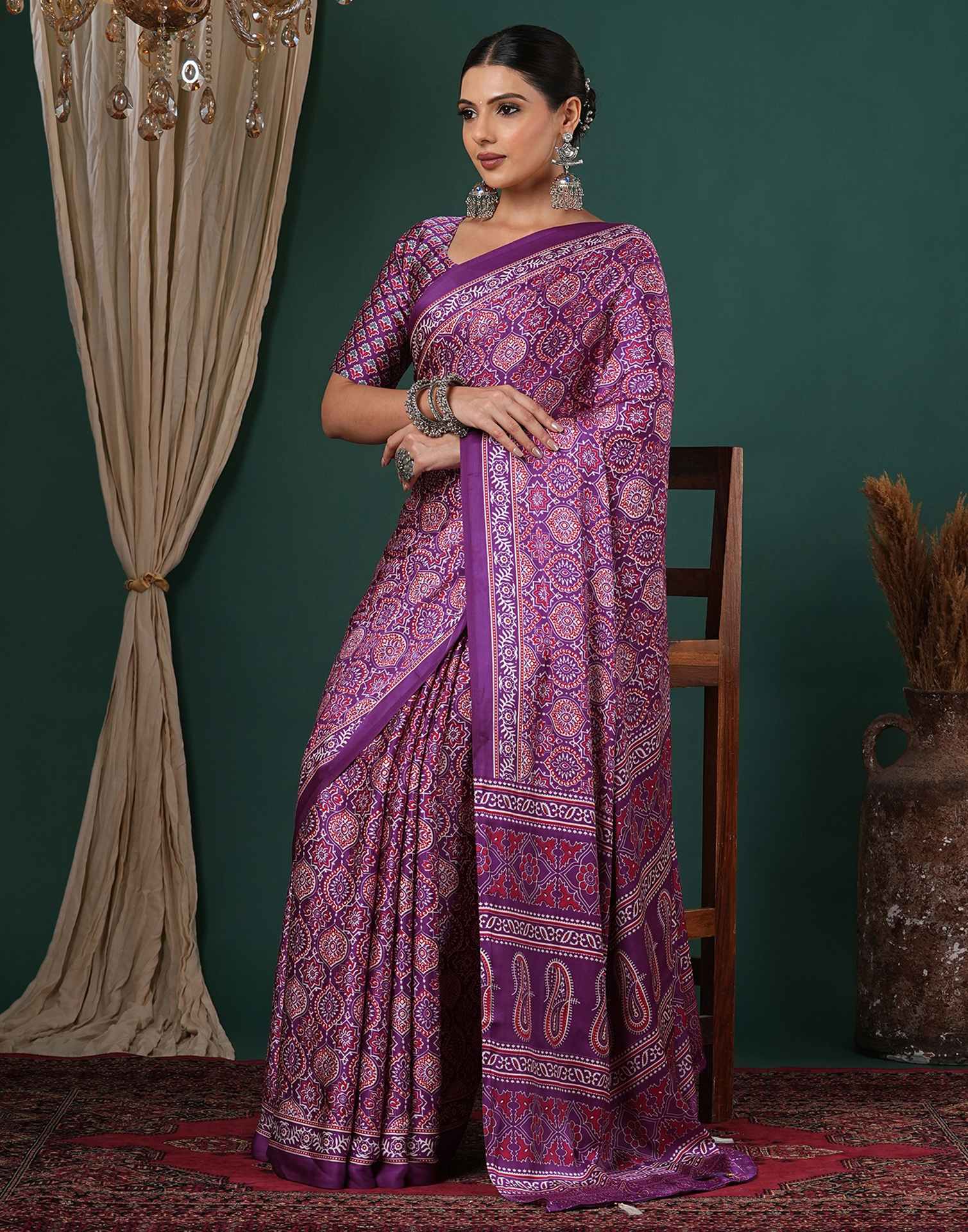 Dark Purple Satin Printed Saree