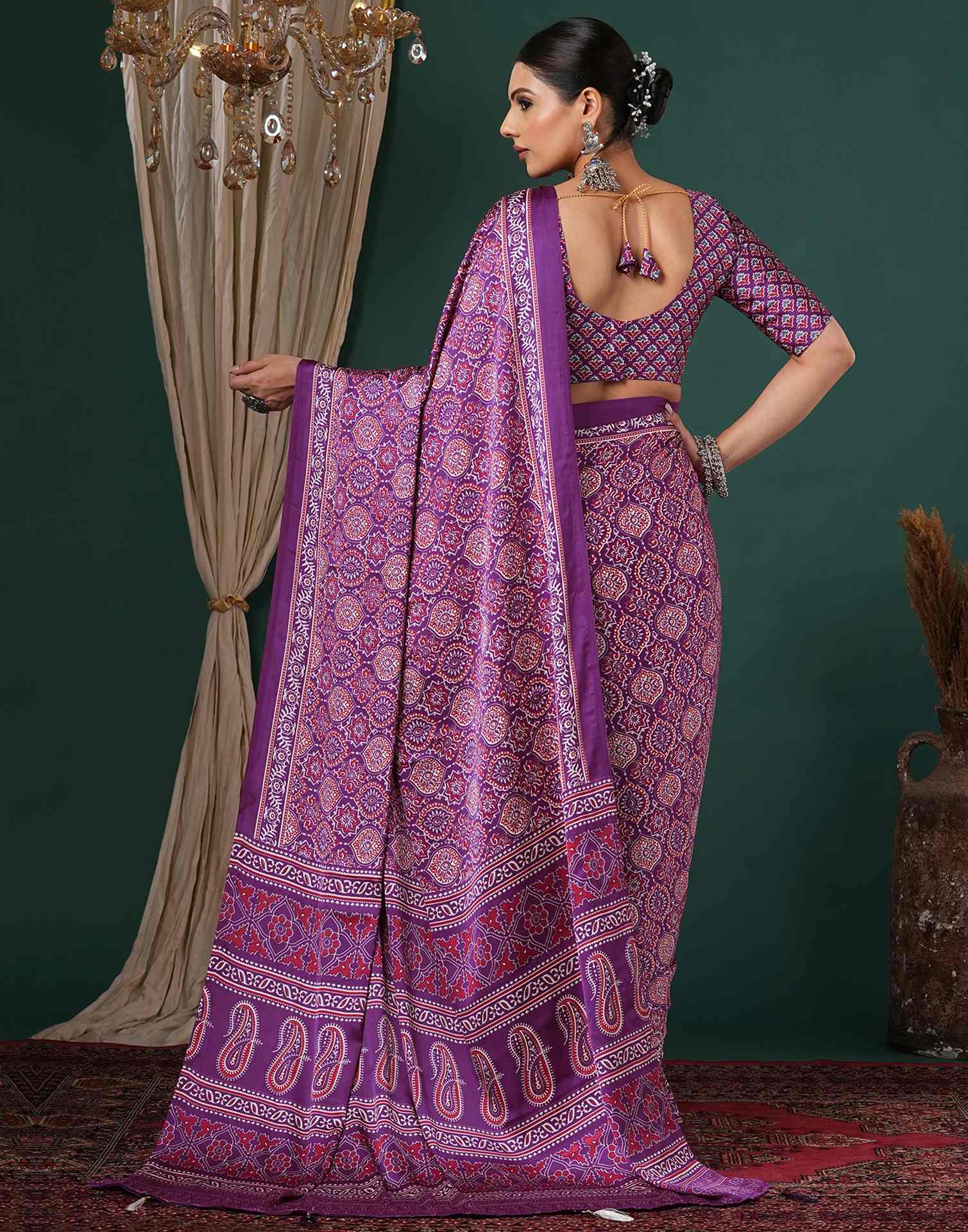Dark Purple Satin Printed Saree
