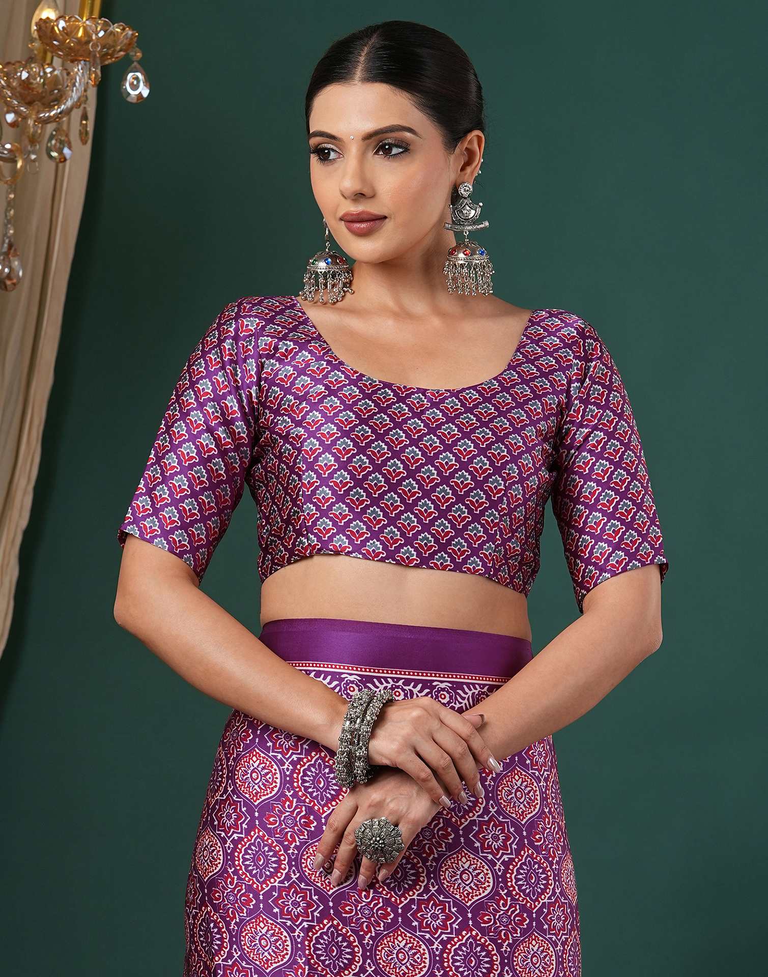 Dark Purple Satin Printed Saree