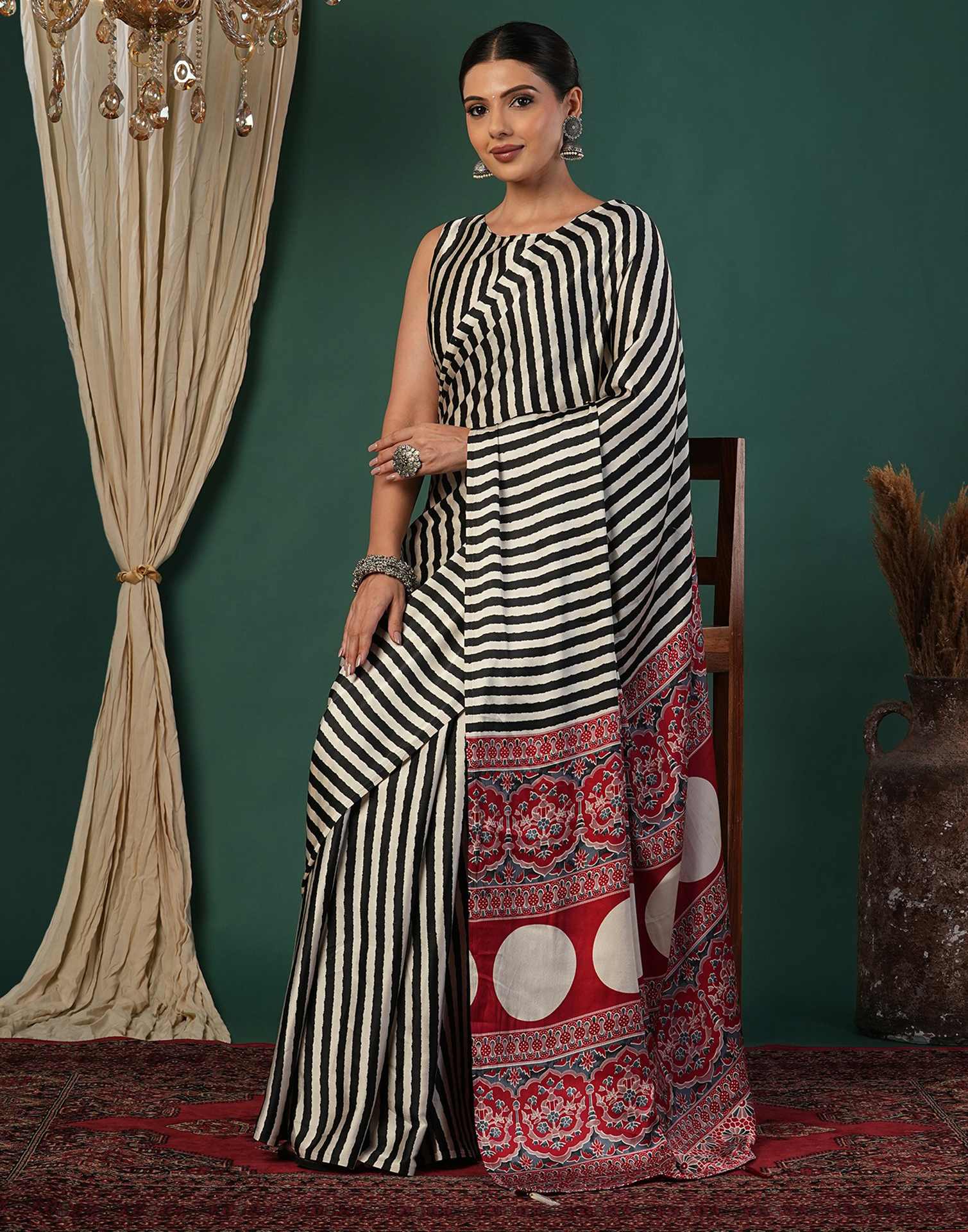 Off White Satin Printed Saree
