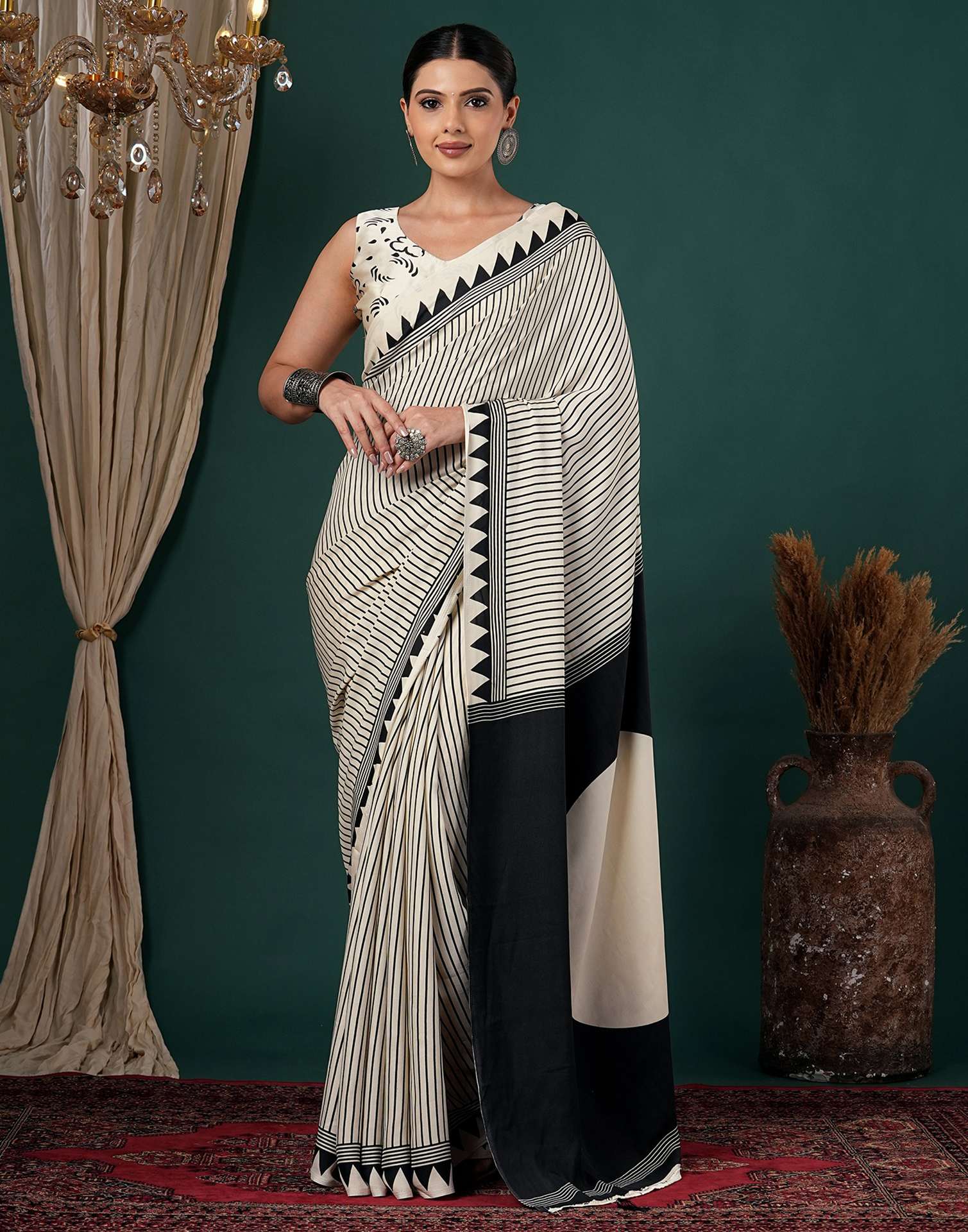 Off White Satin Printed Saree