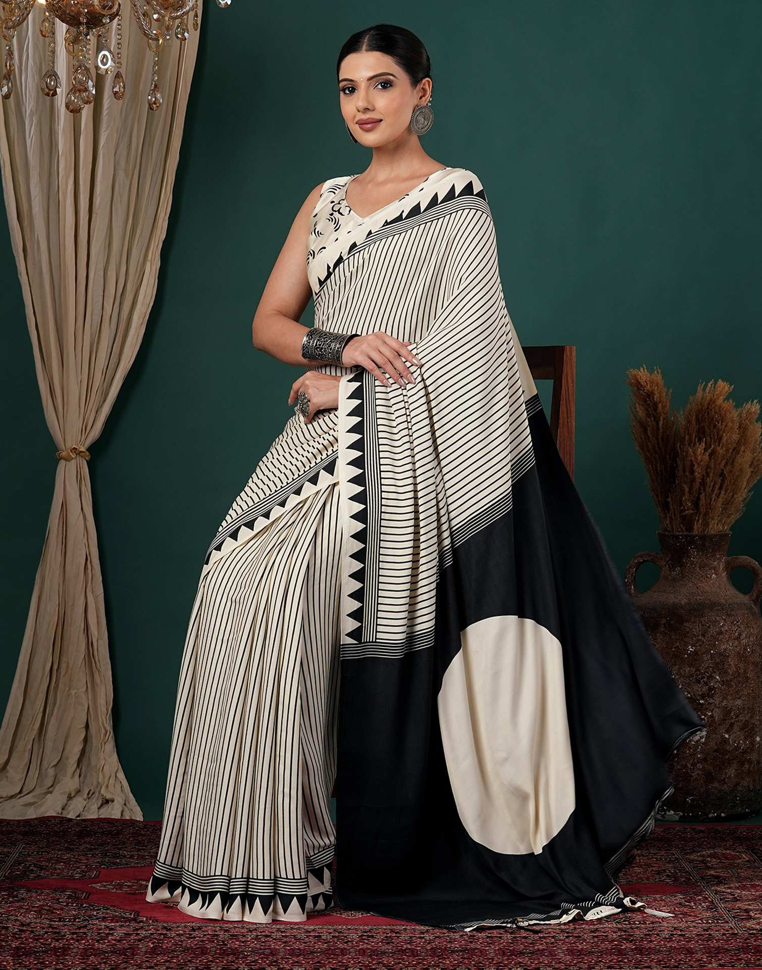 Off White Satin Printed Saree