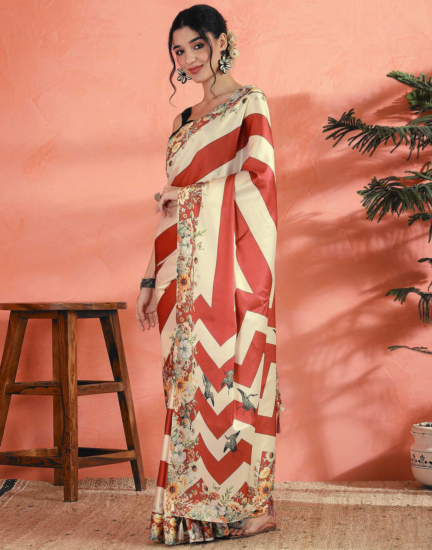 Cream Satin Printed Saree