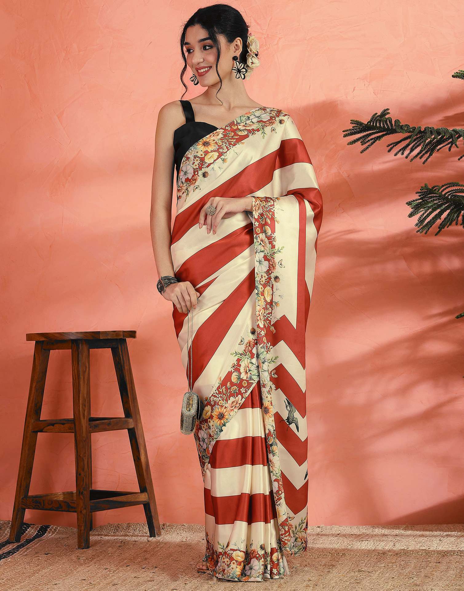 Cream Satin Printed Saree