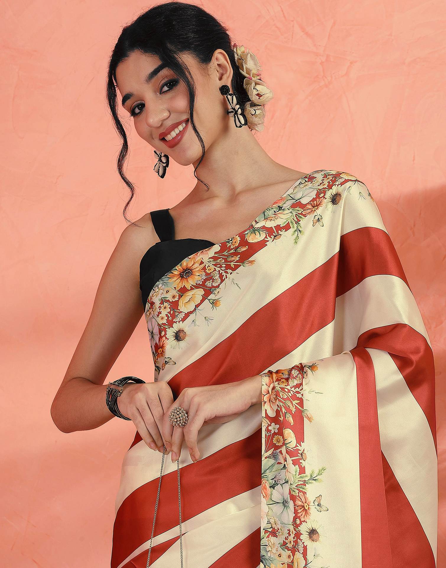 Cream Satin Printed Saree