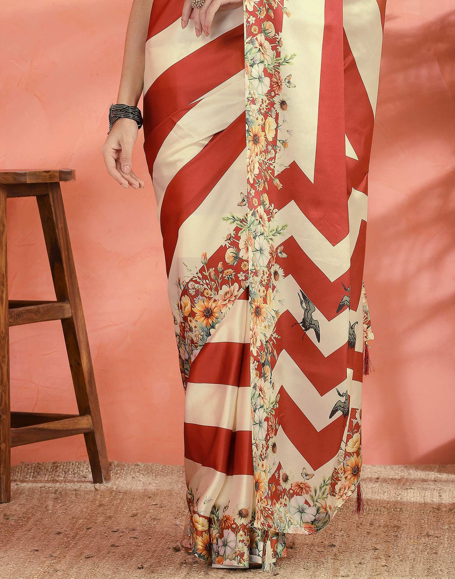 Cream Satin Printed Saree