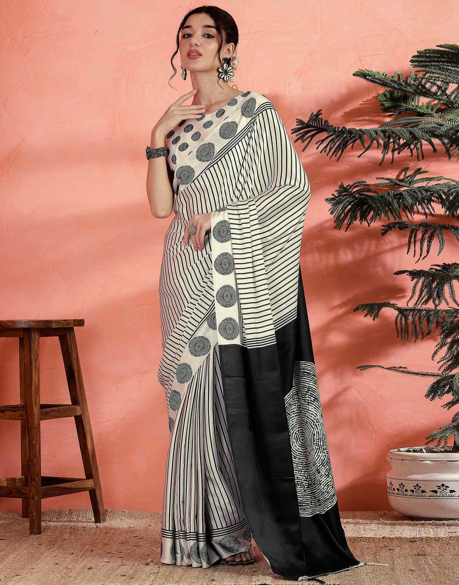 Off White Satin Printed Saree