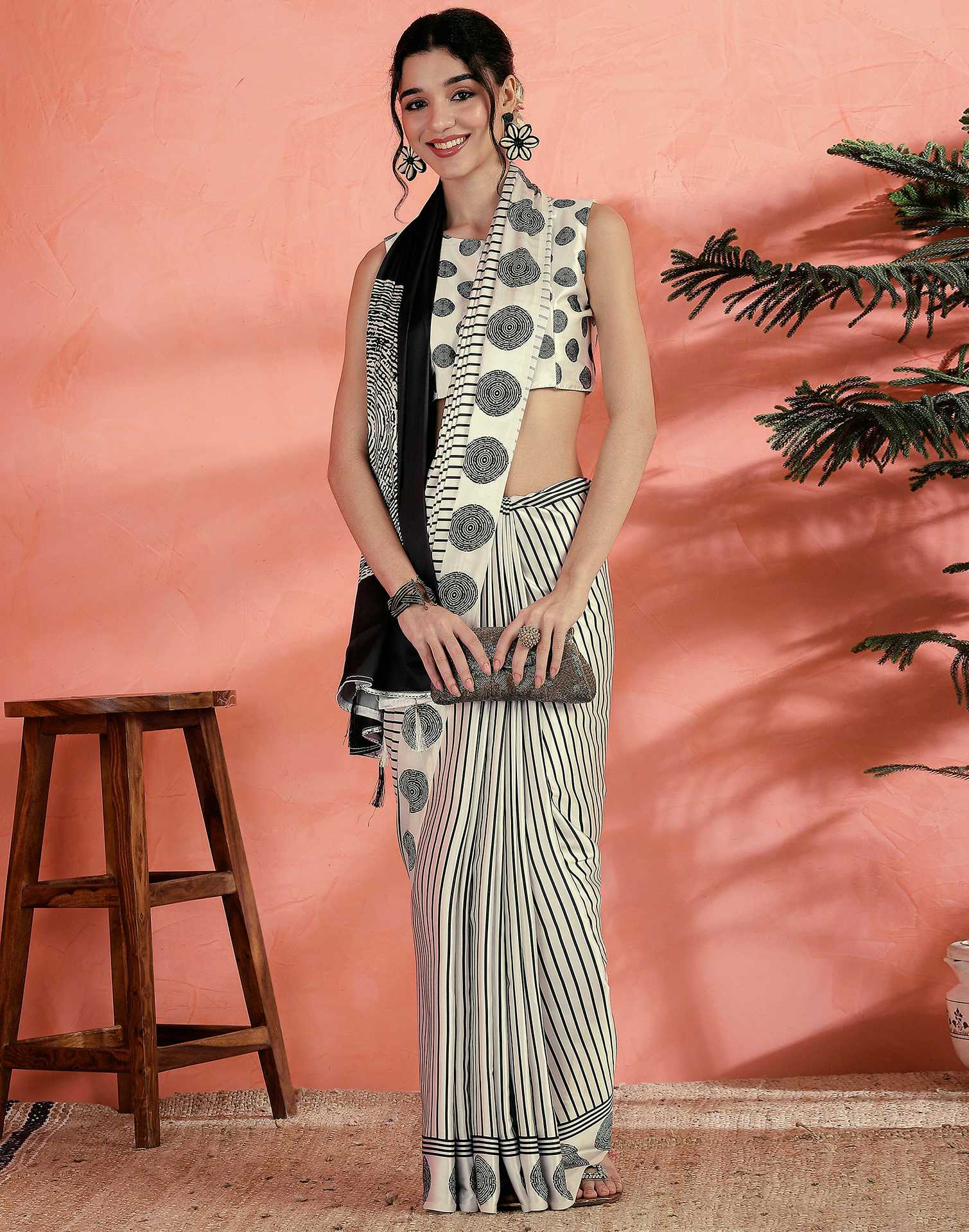 Off White Satin Printed Saree