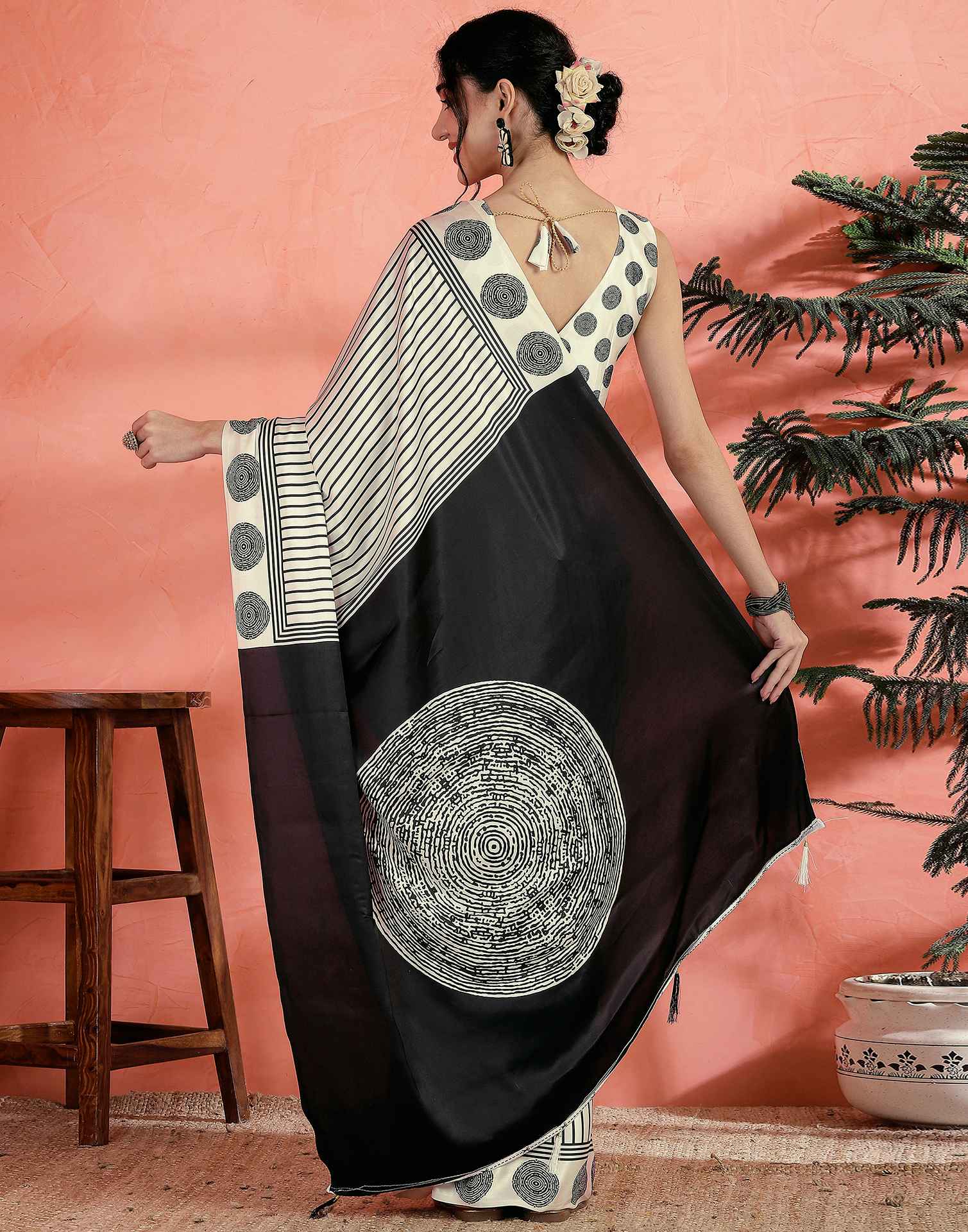 Off White Satin Printed Saree