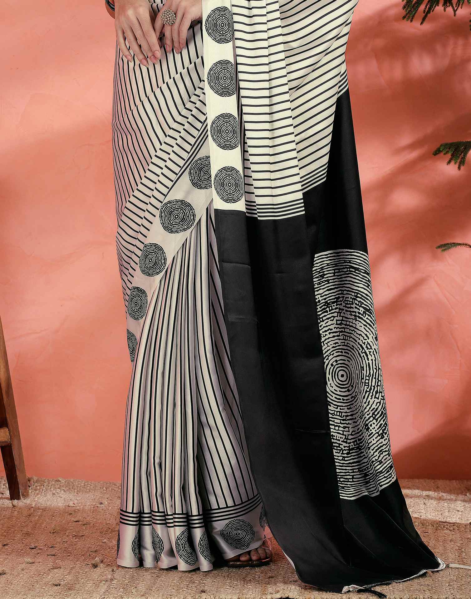 Off White Satin Printed Saree