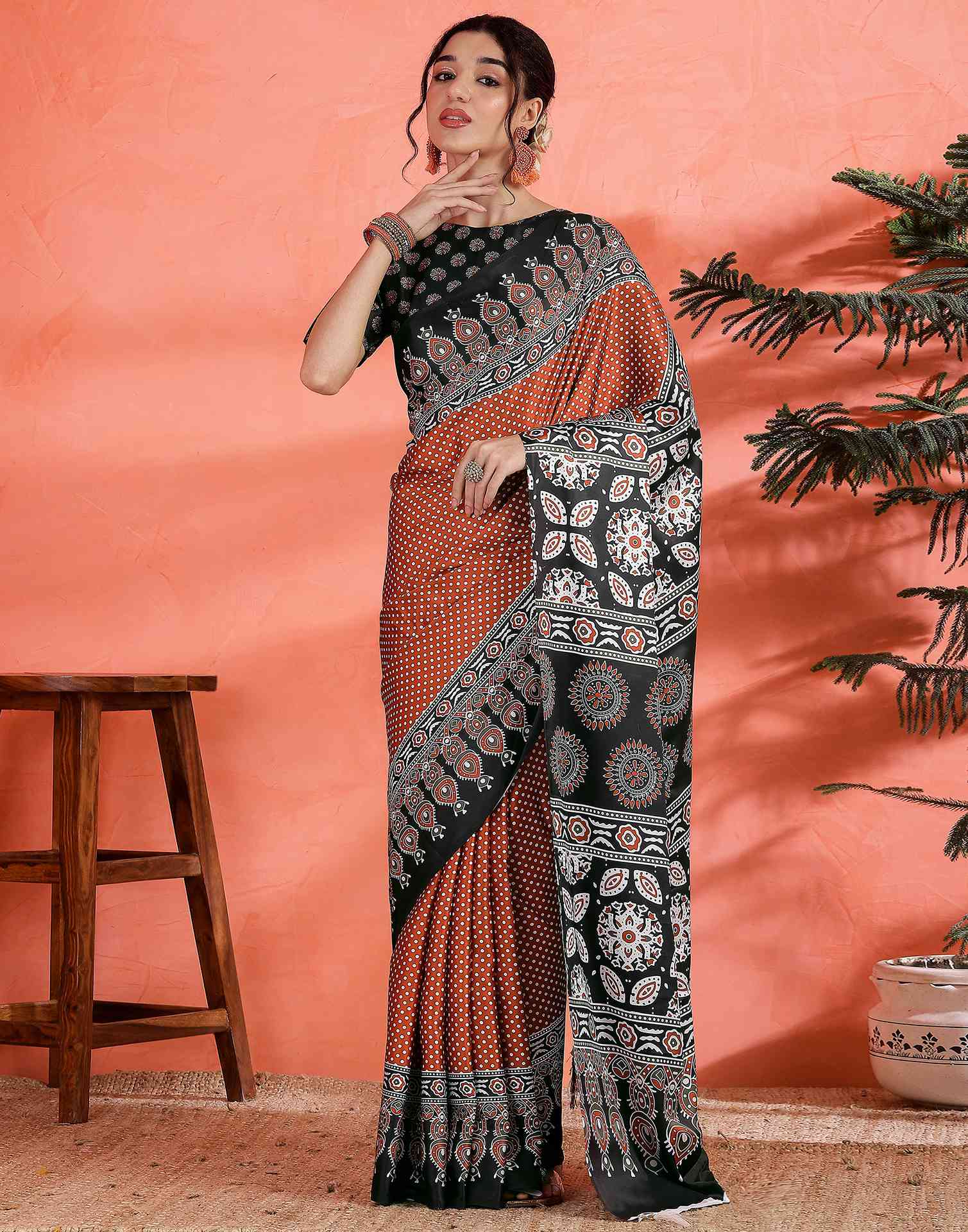 Brown Satin Printed Saree