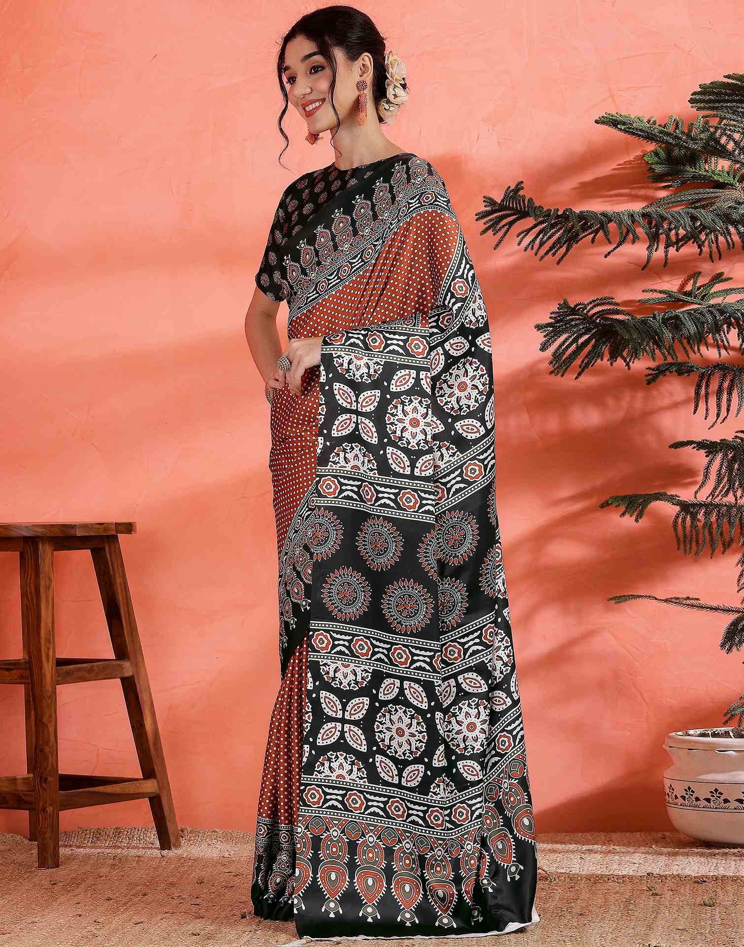Brown Satin Printed Saree