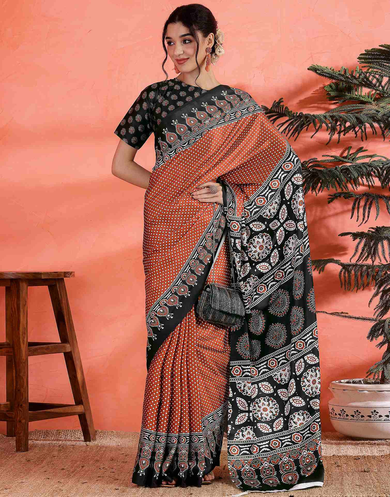 Brown Satin Printed Saree