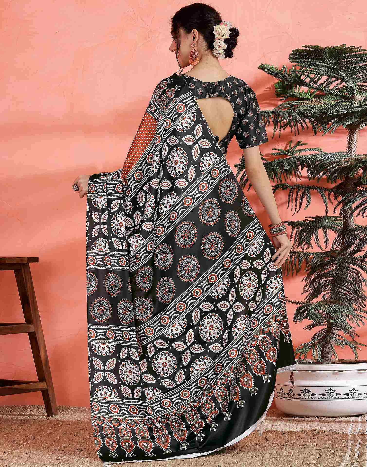 Brown Satin Printed Saree