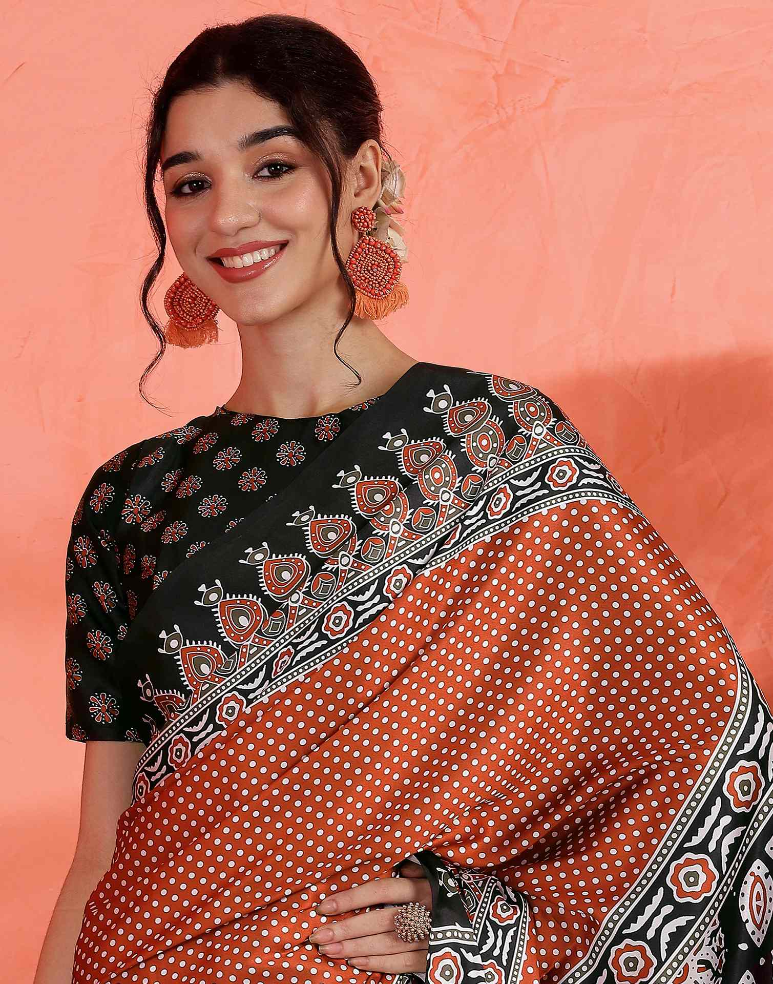 Brown Satin Printed Saree