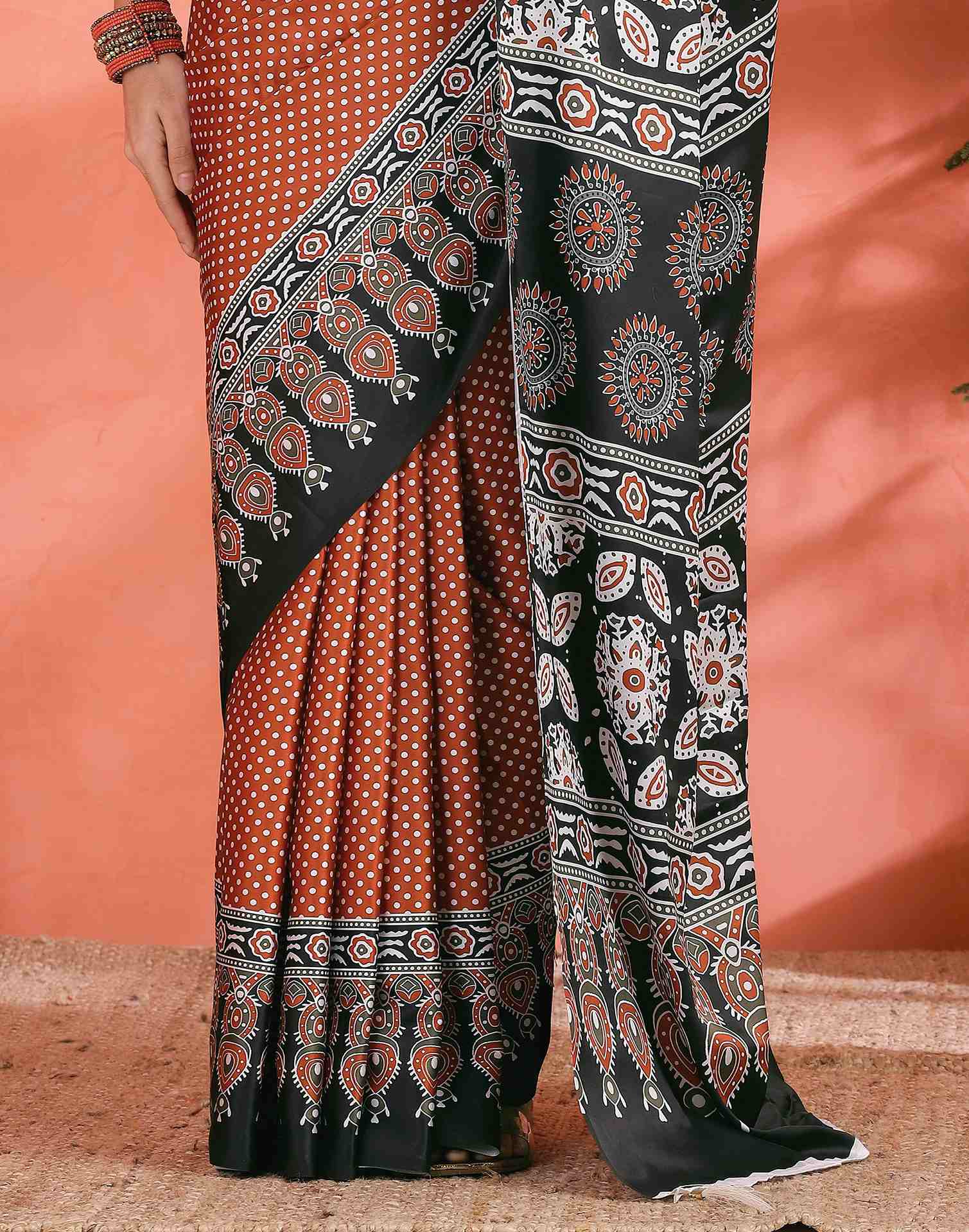 Brown Satin Printed Saree