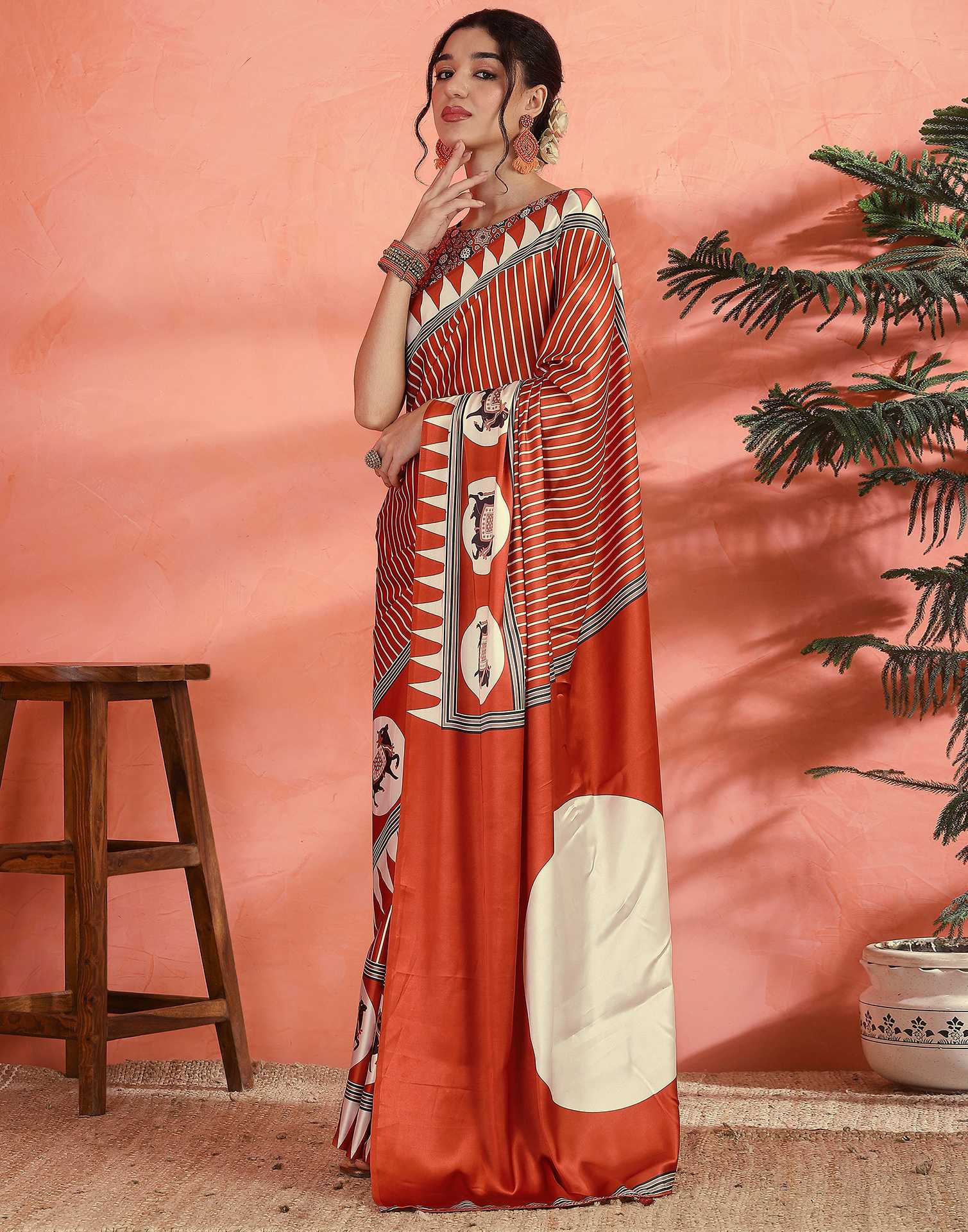Orange Satin Printed Saree