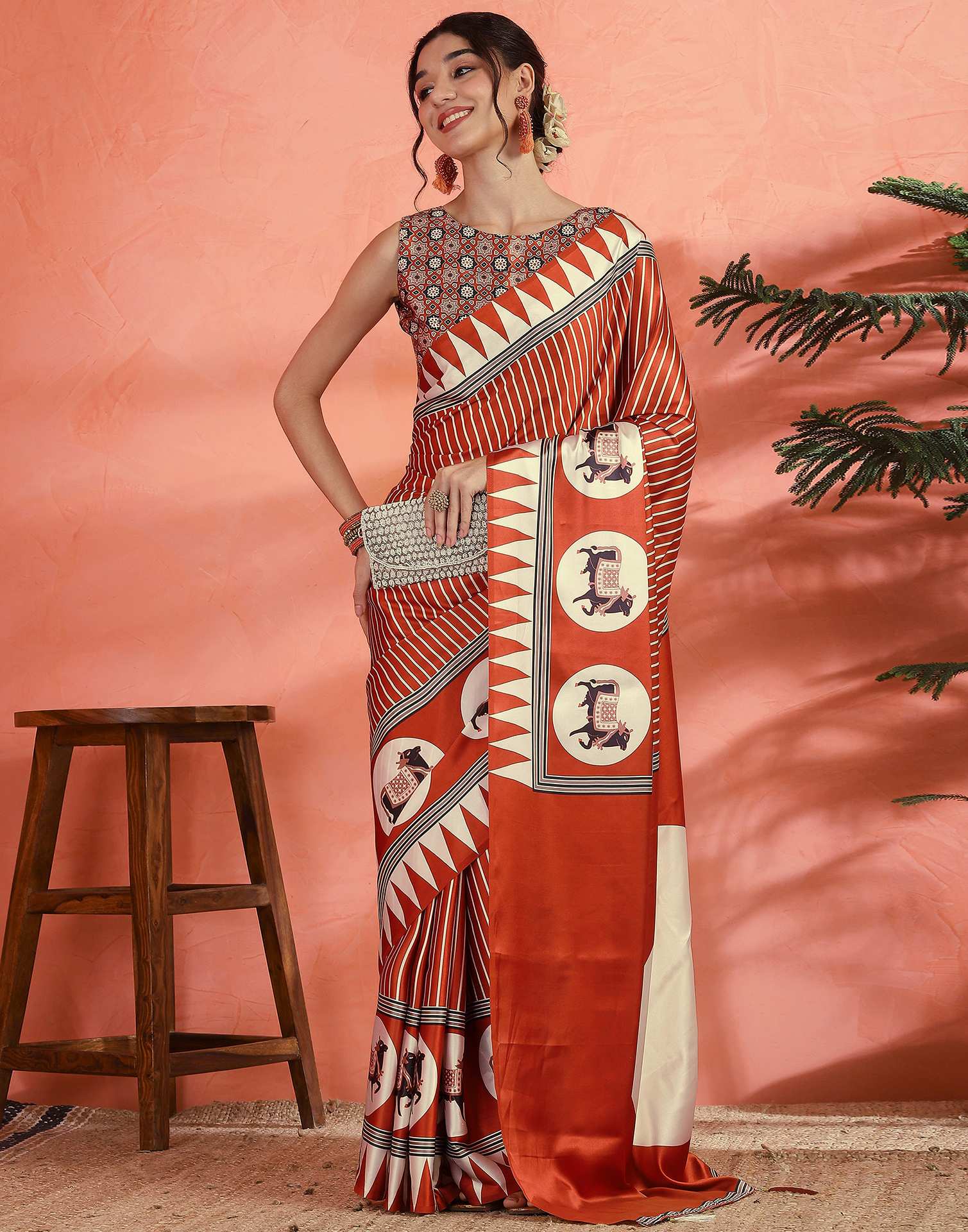 Orange Satin Printed Saree