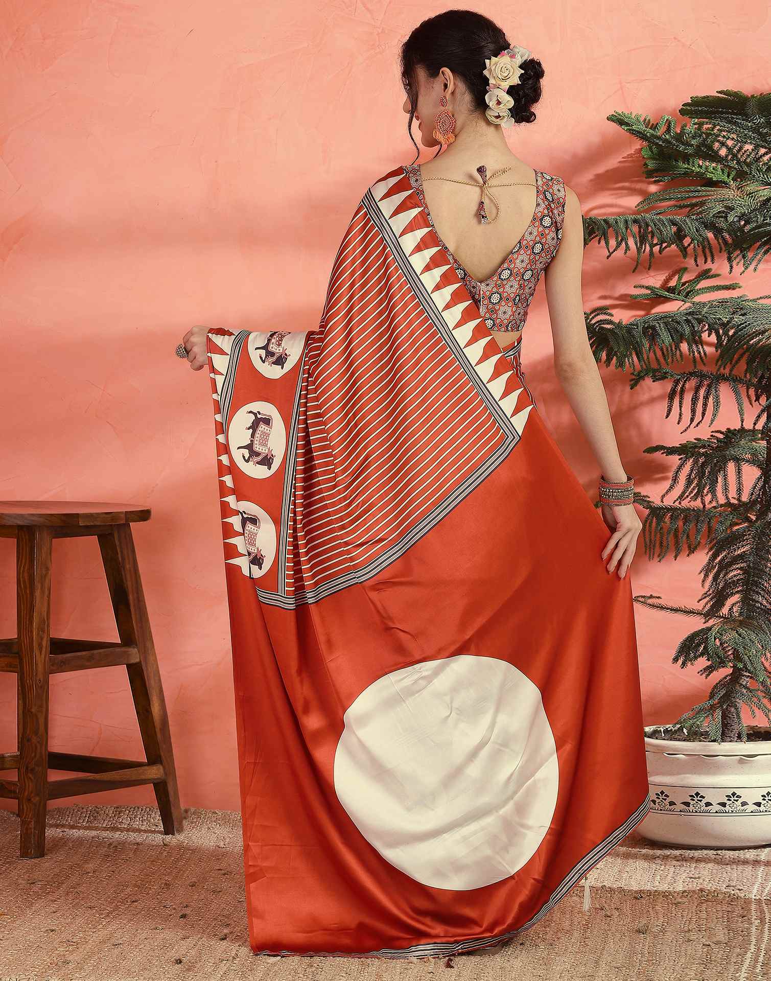 Orange Satin Printed Saree