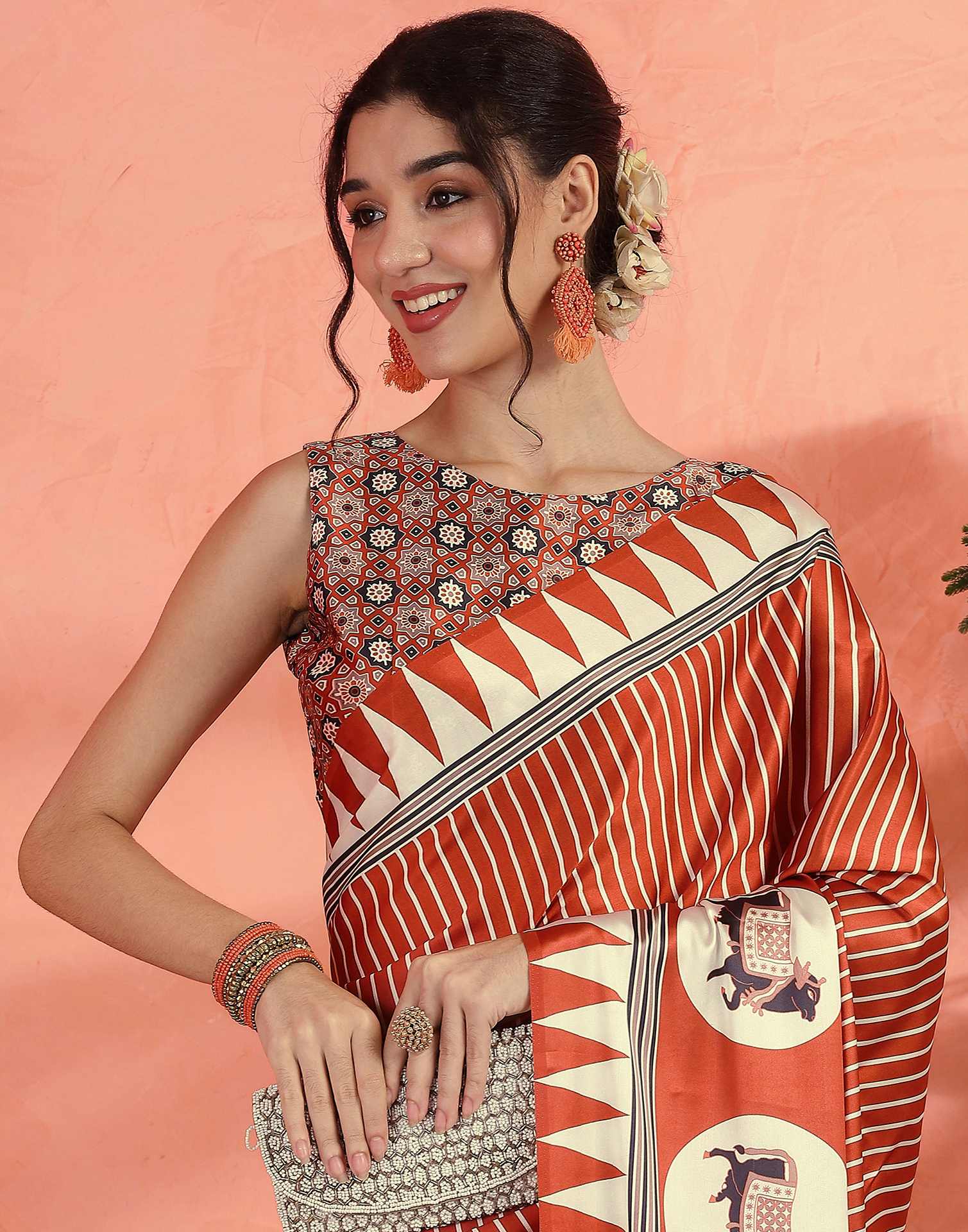 Orange Satin Printed Saree