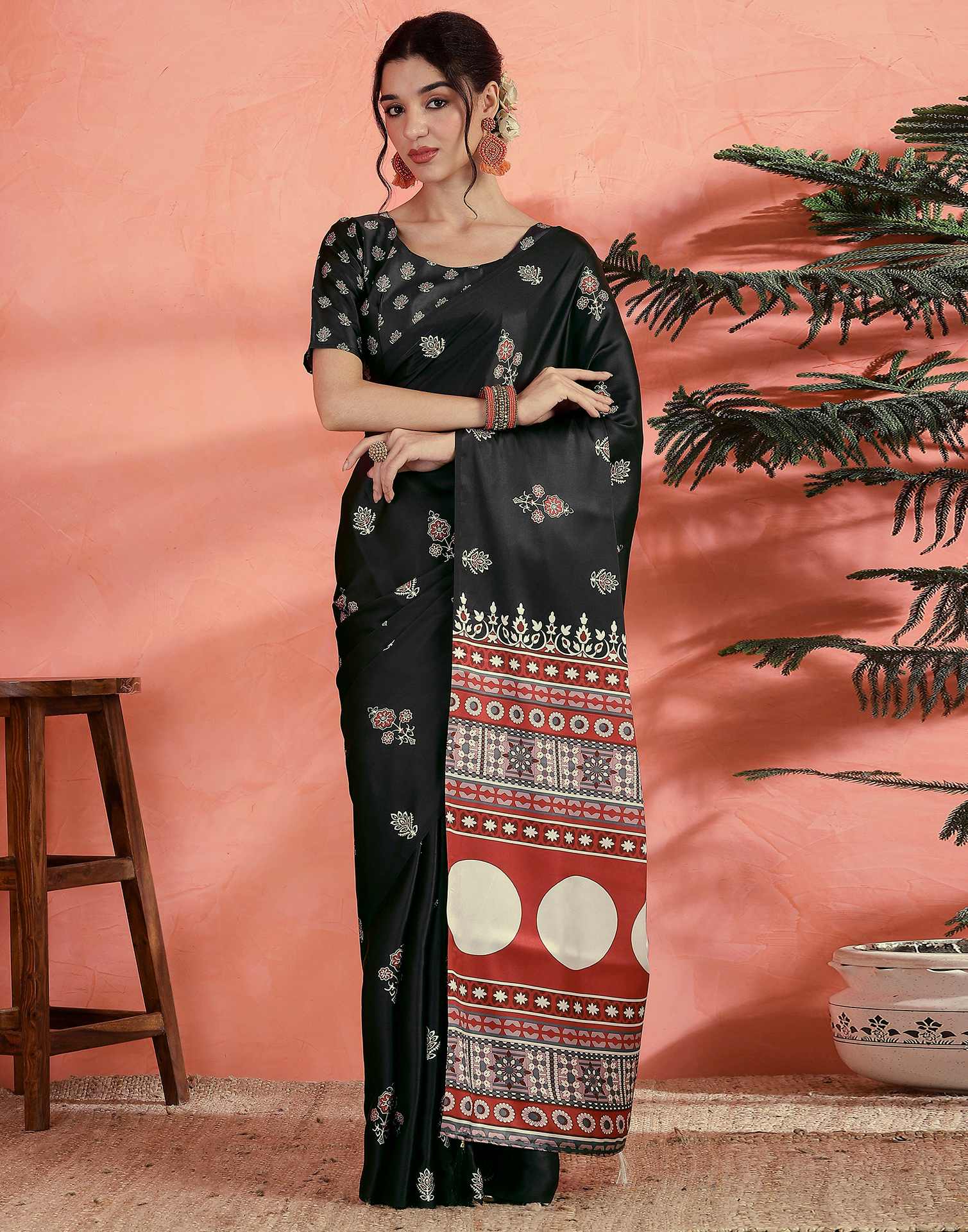 Black Satin Printed Saree