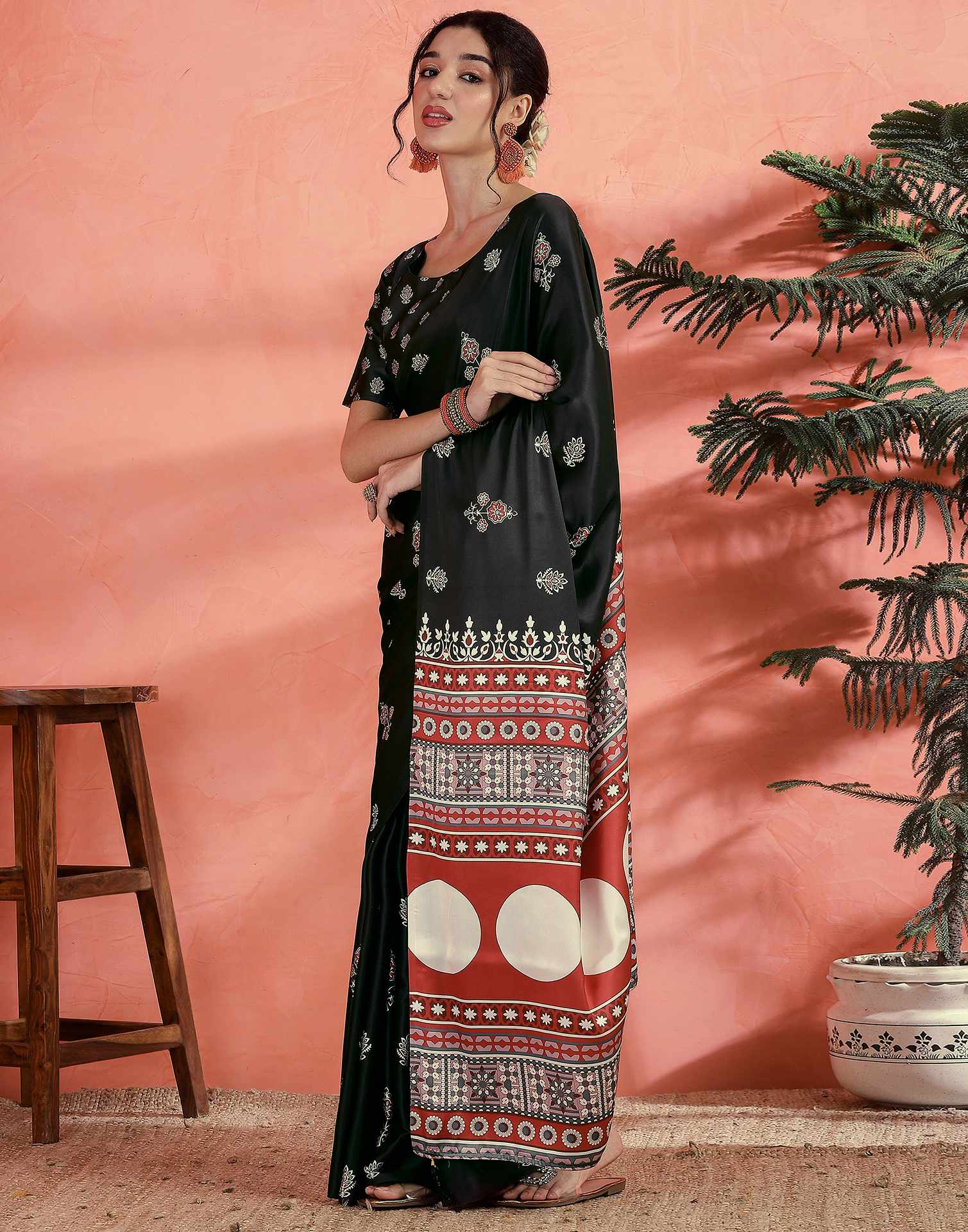 Black Satin Printed Saree