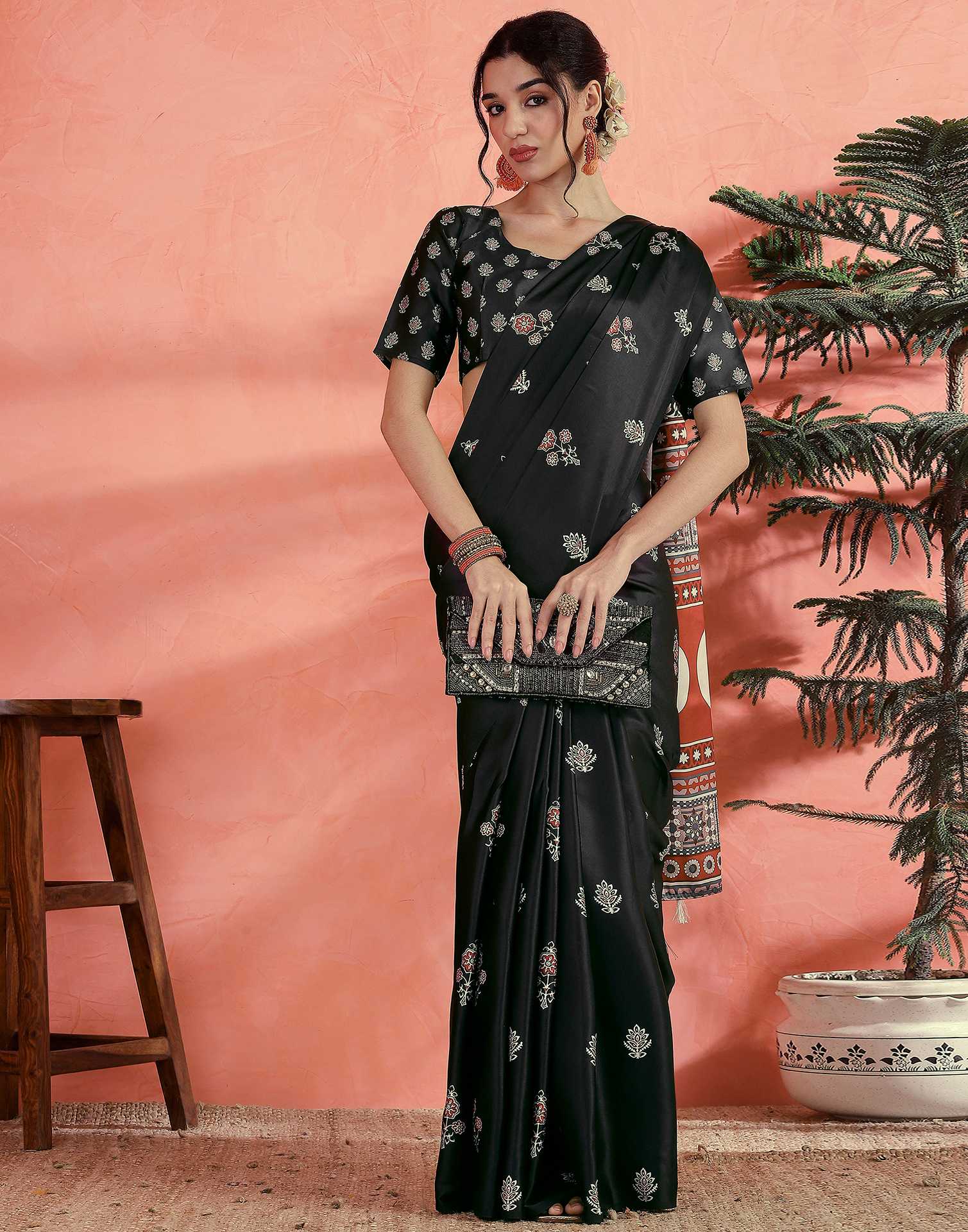 Black Satin Printed Saree