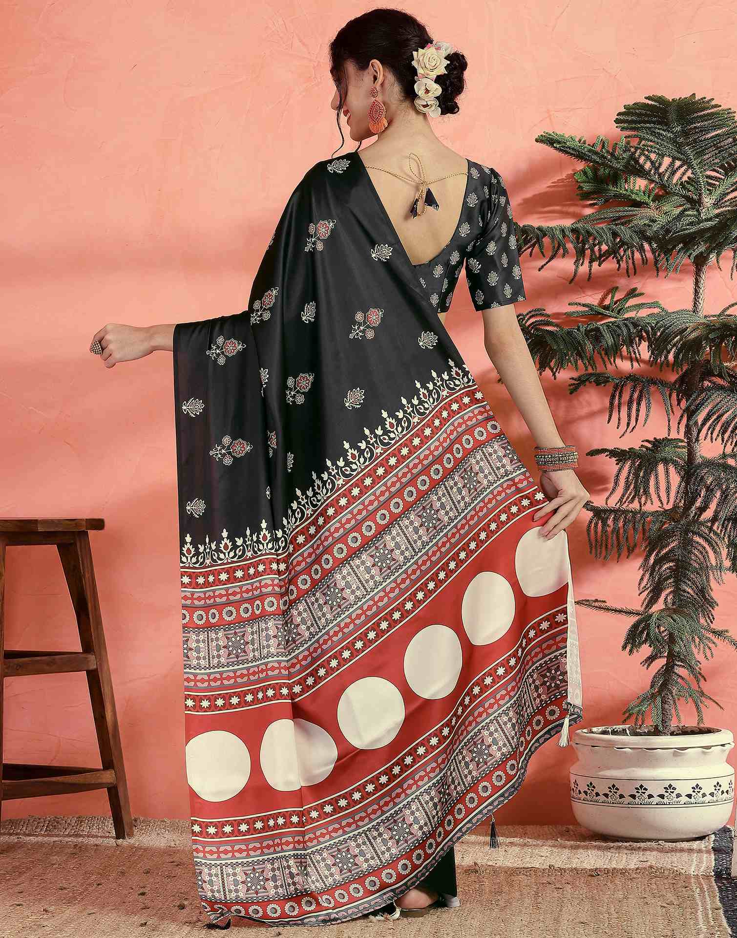 Black Satin Printed Saree