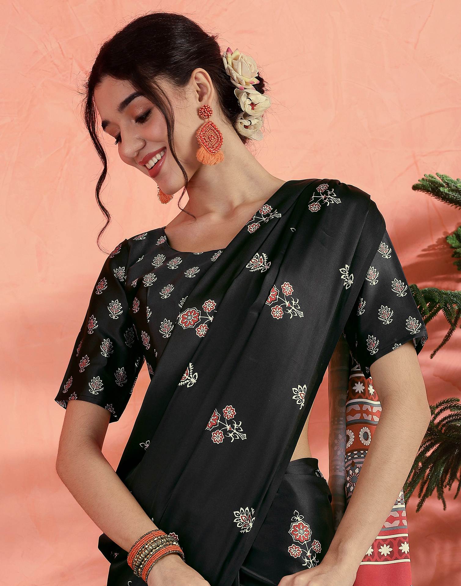 Black Satin Printed Saree