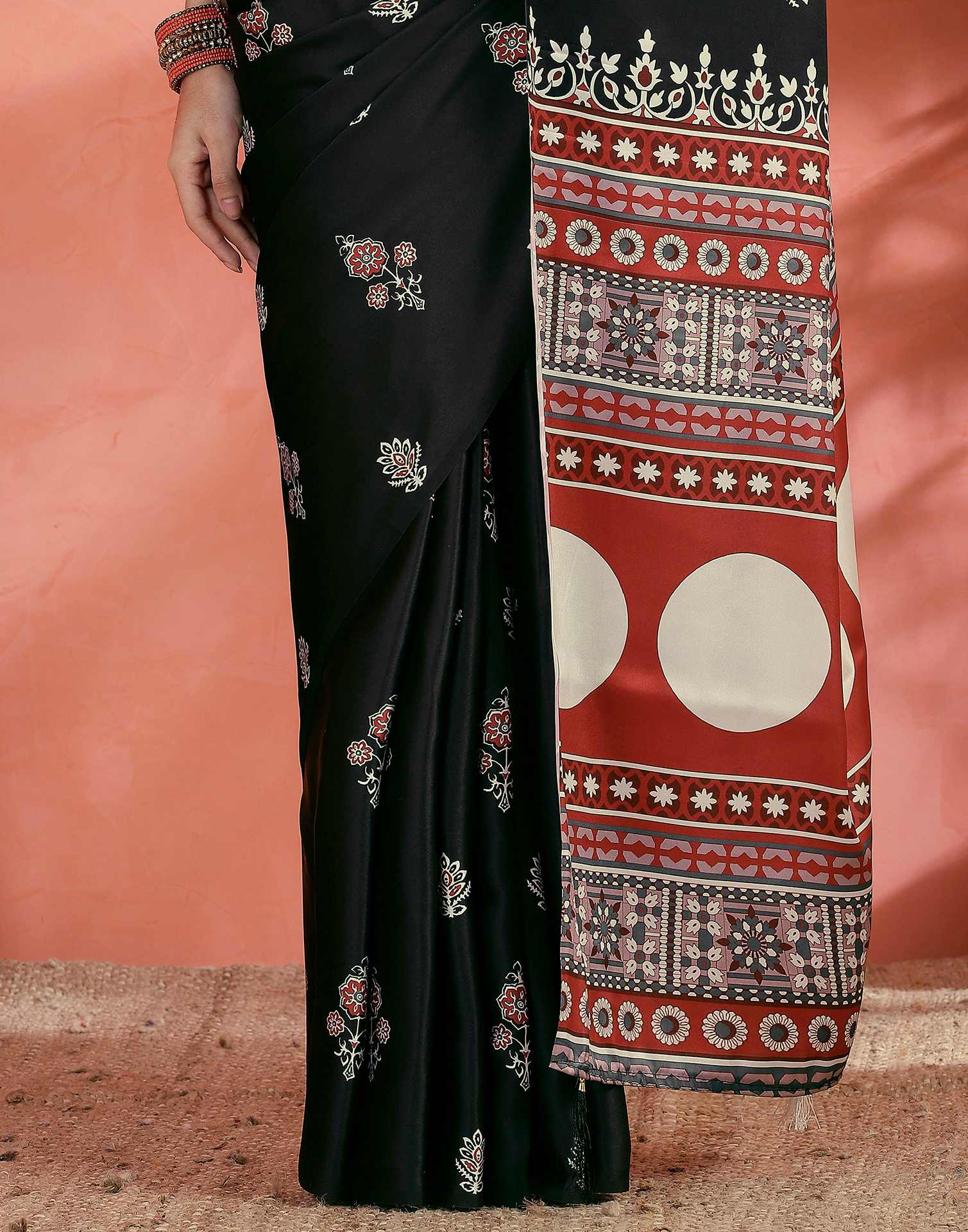Black Satin Printed Saree