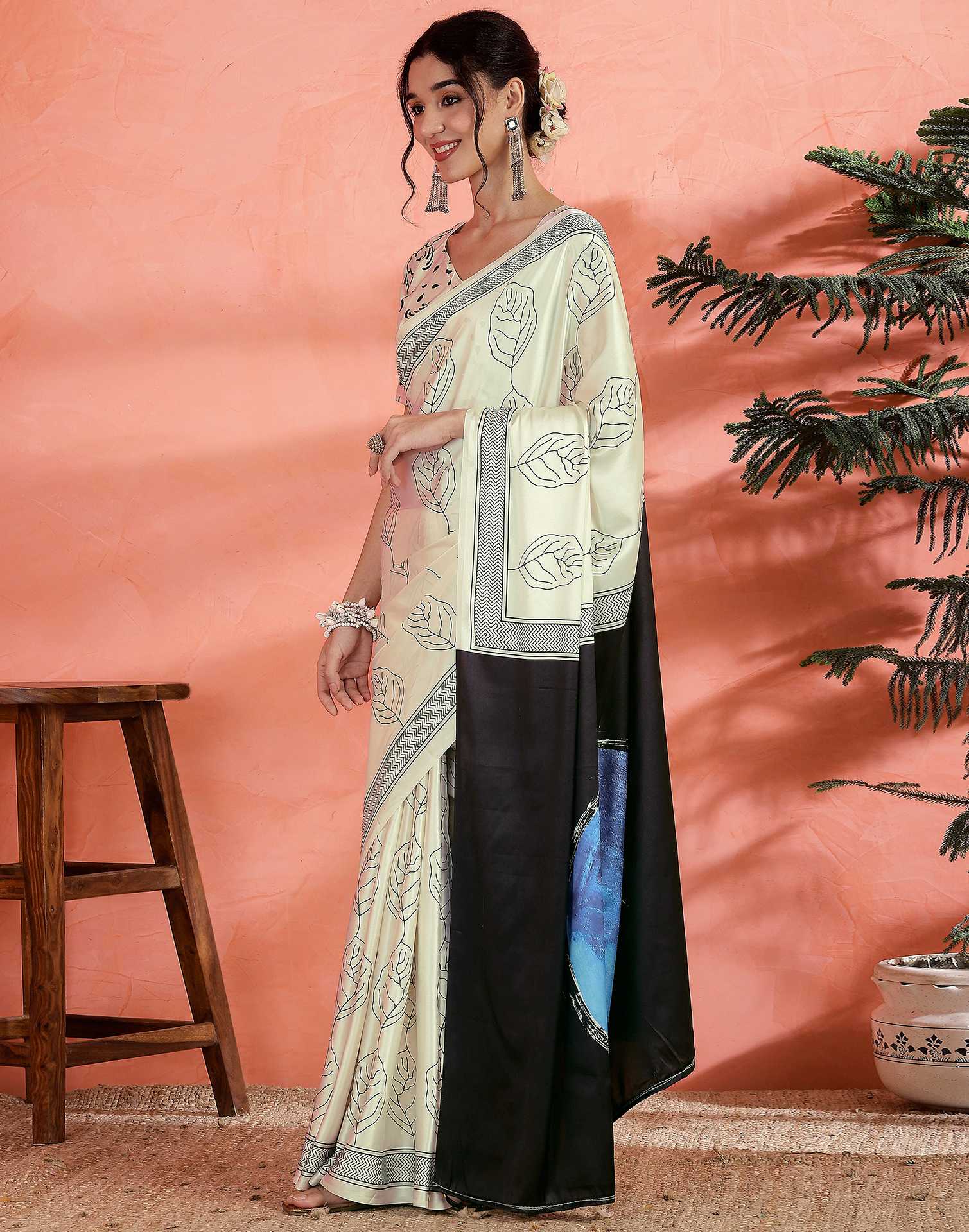 Off White Satin Printed Saree