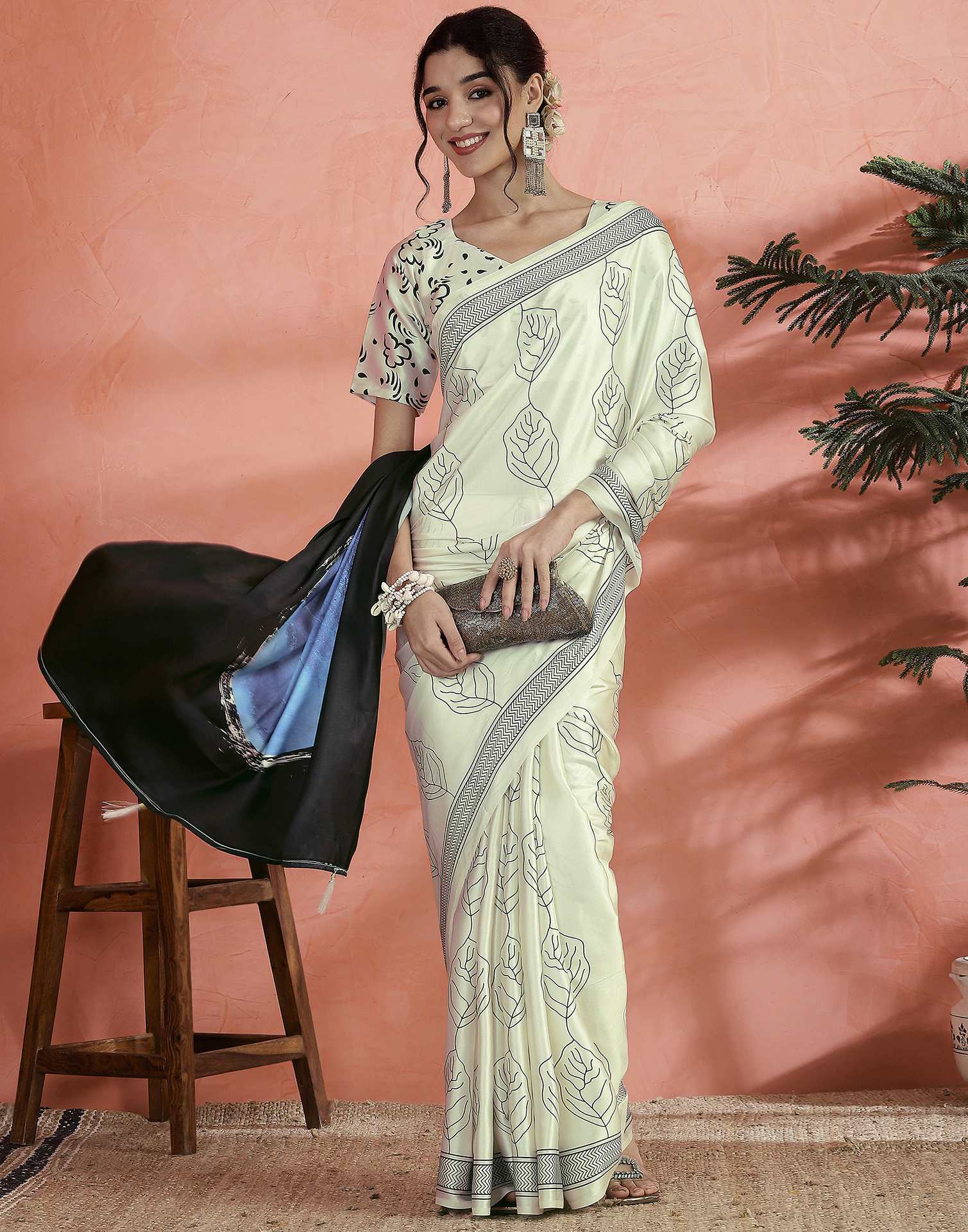 Off White Satin Printed Saree