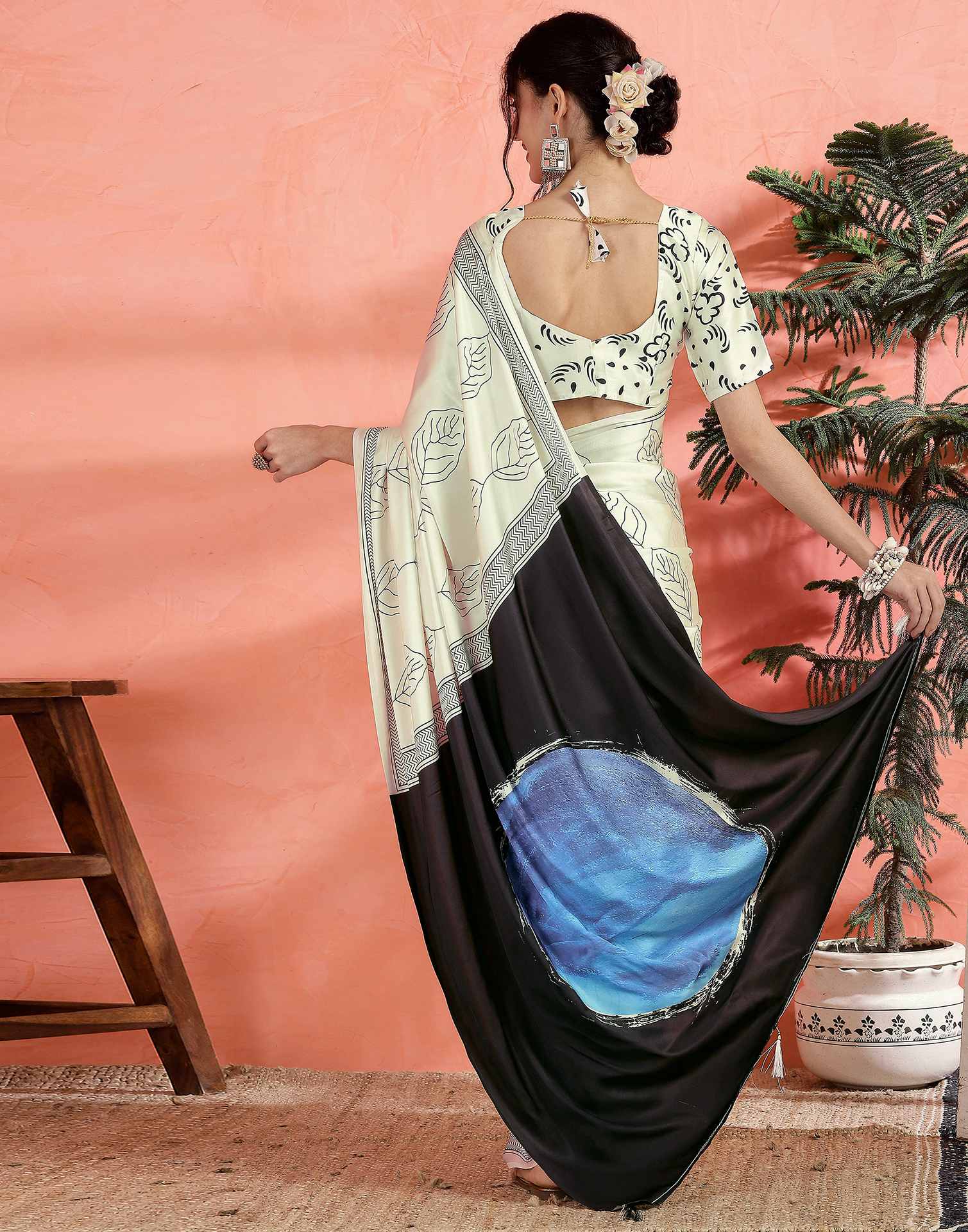 Off White Satin Printed Saree
