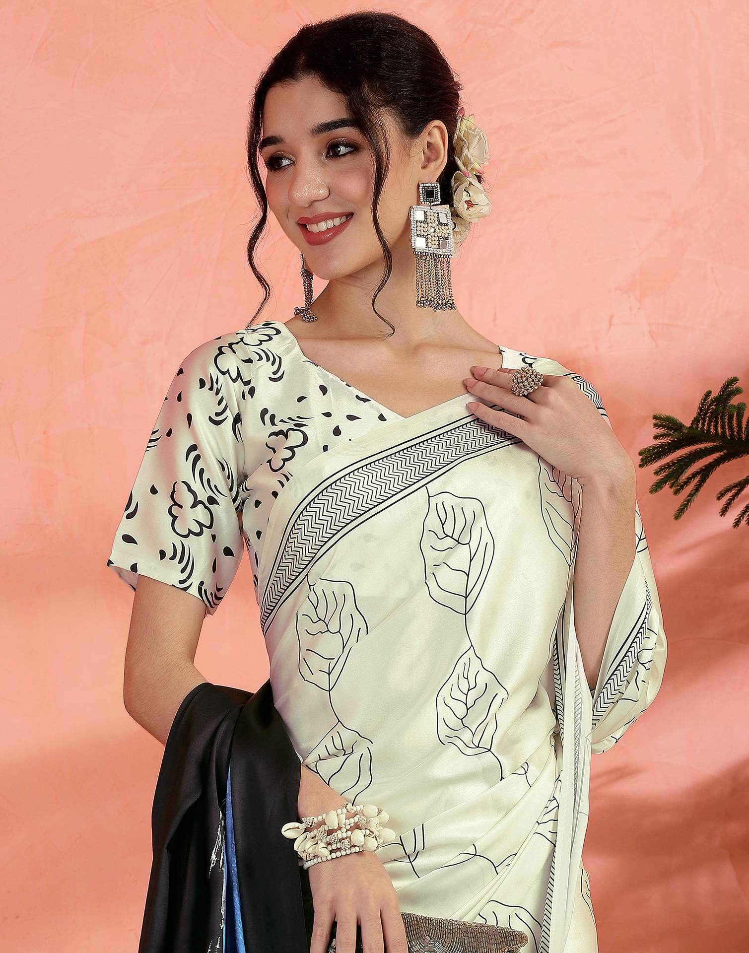 Off White Satin Printed Saree