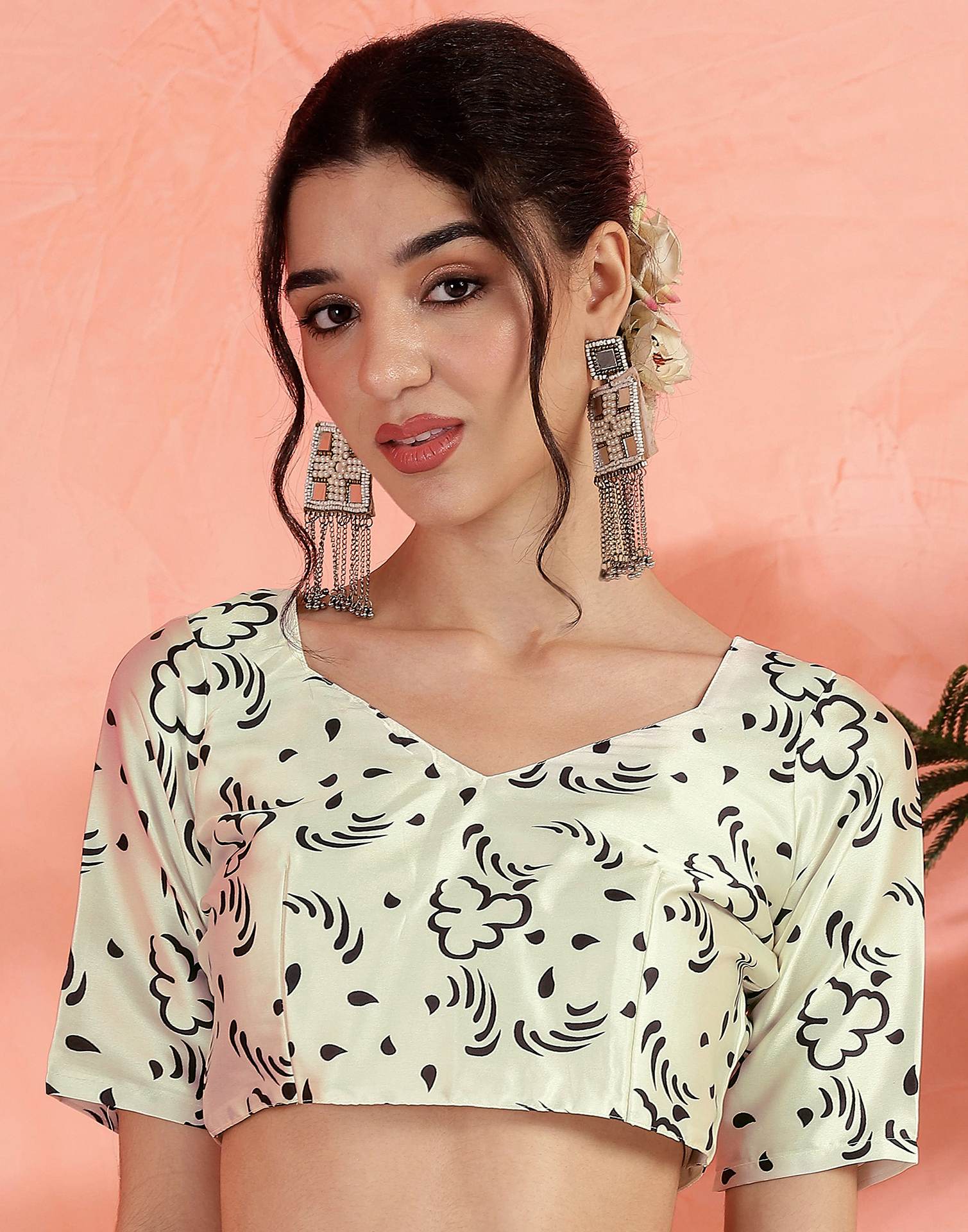 Off White Satin Printed Saree